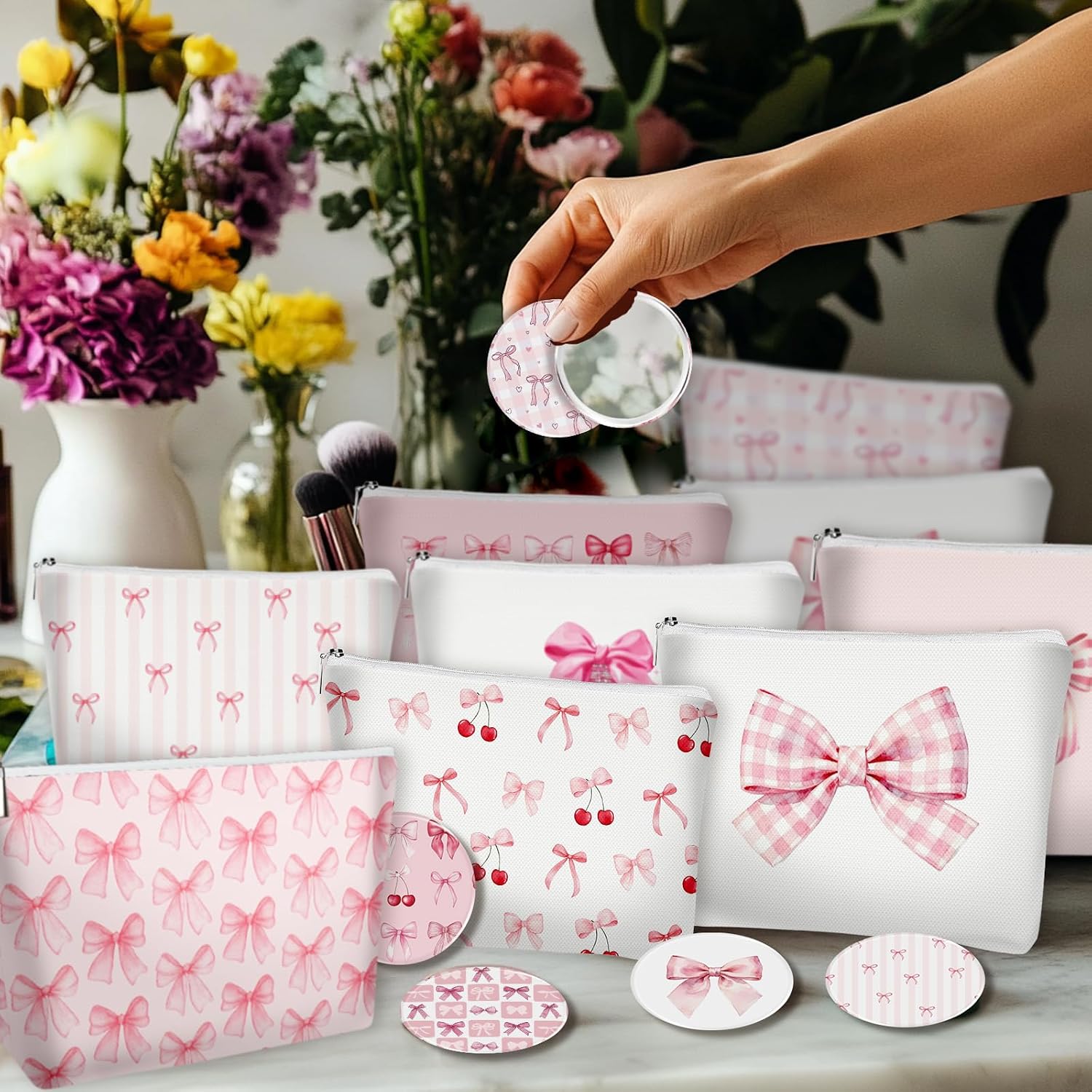 10PCS Pink Coquette Bow Makeup Bag with 10 Mini Compact Mirror Upgraded Canvas Cosmetic Bag Bulk Preppy Zipper Pouch Travel Toiletry Pouch Bow Themed Party Favors for Women Girls