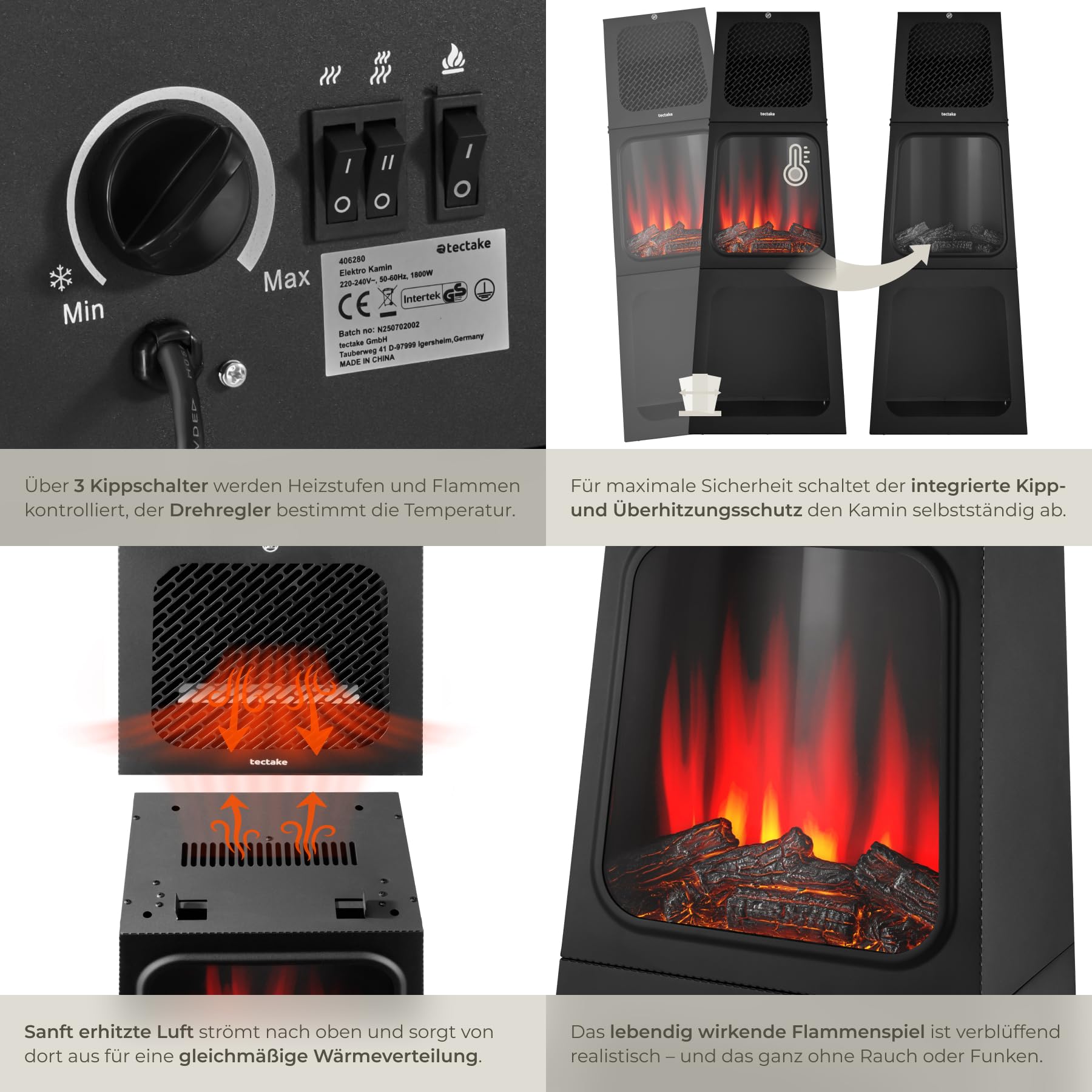 tectake® Elektrokamin mit Kaminfeuer Effekt, elektrischer Kamin mit Heizlüfter, Elektro Kamin, 2 Heizstufen 900W/1800W, Kamin mit 3D-Flammeneffekt, integriertes Thermostat, Überhitzungsschutz, schwarz