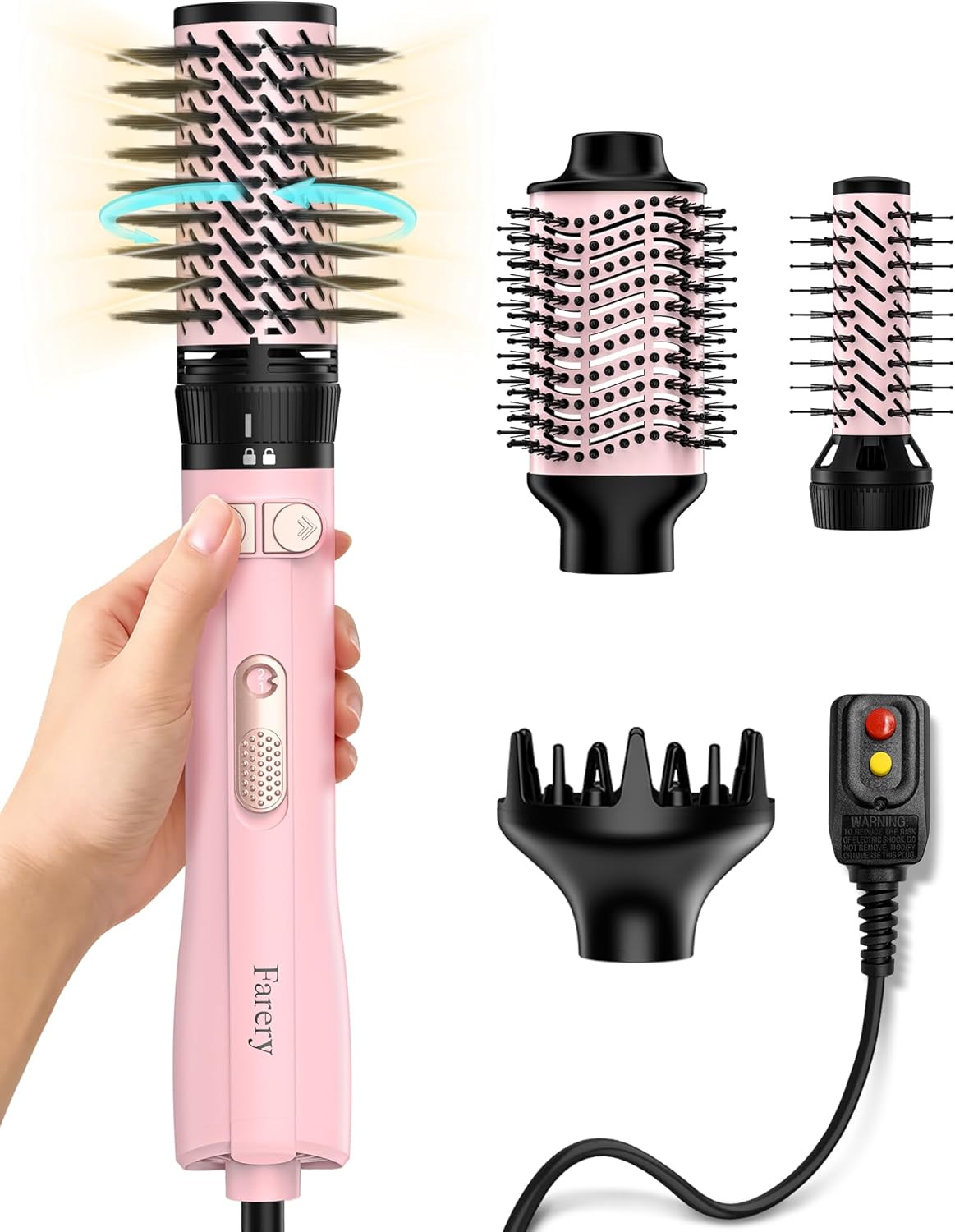 Farery Rotating Hot Air Brush Set 1000W — 4 in 1 Blow Dryer Brush Styler with Diffuser, Hold-to-Rotate Round Brush for Volume, Smooth & Curl, Best for Fine to Medium-Thick Hair, Pink
