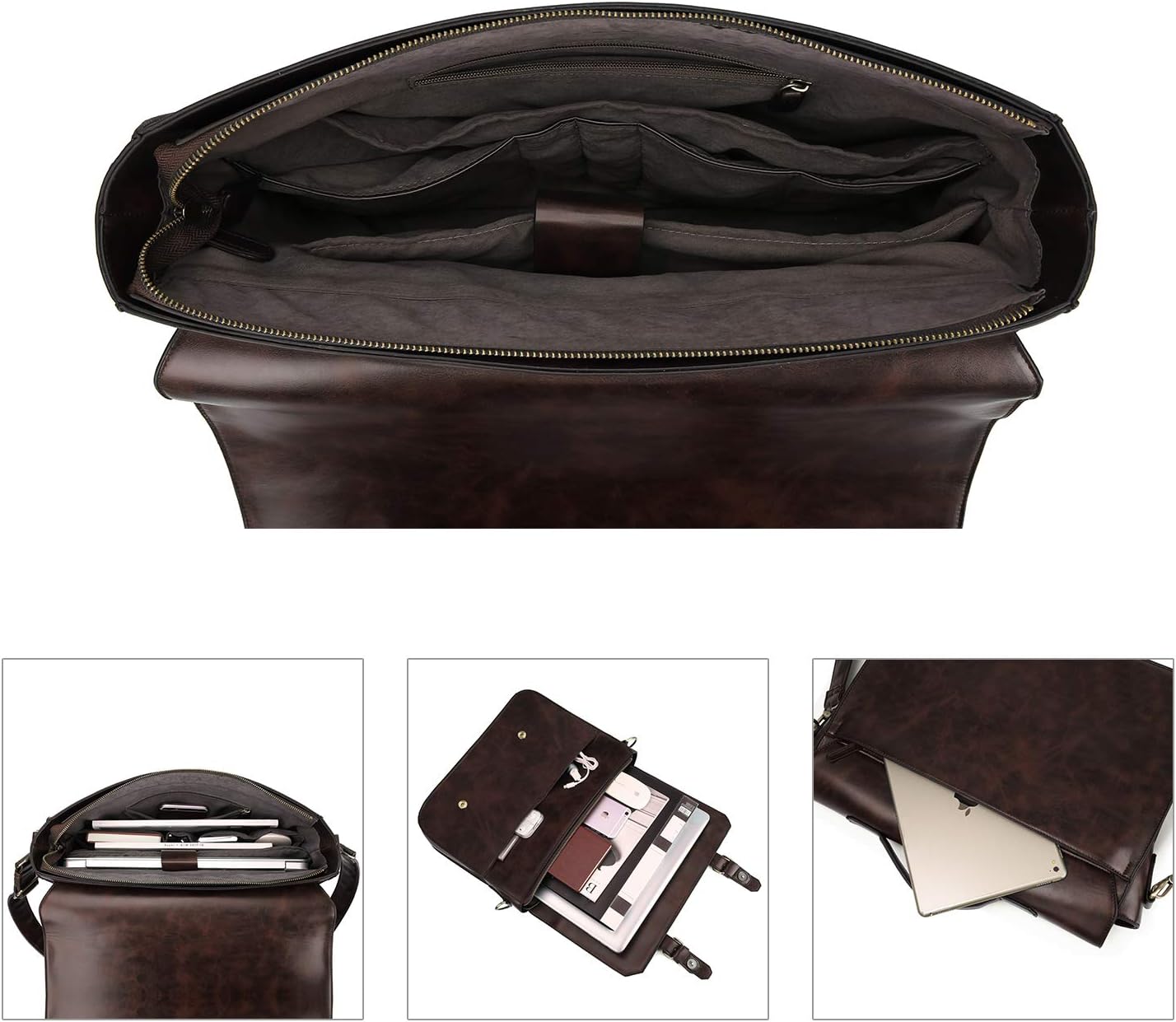 ECOSUSI Men's Briefcase PU Leather Shoulder Satchel Computer Bag with Back Pocket fits 15.6 inch Laptop, Brown