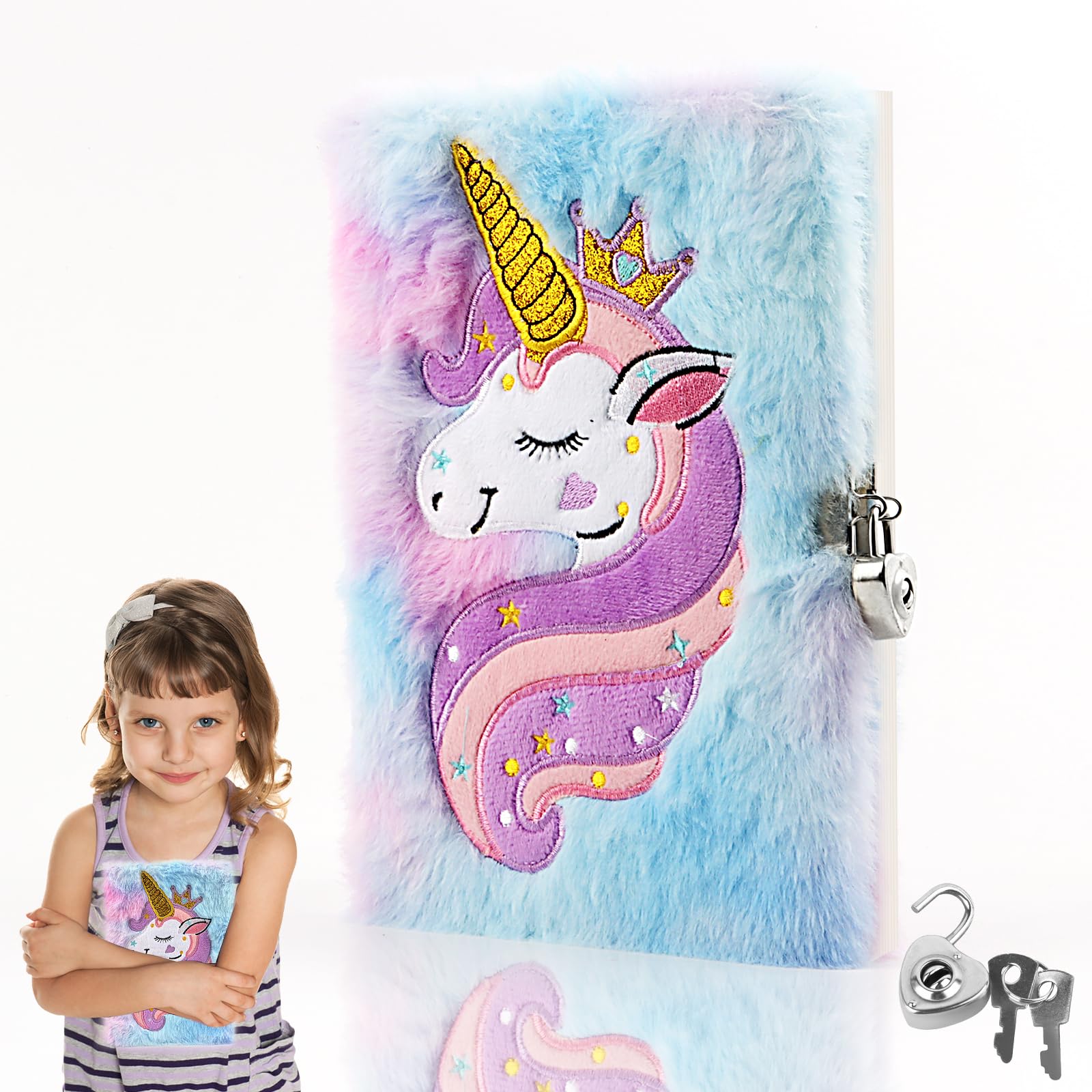 VFANDV Diario Secreto Niña, Juego de Diario de Unicornio de Felpa, Papelería Unicornio de Peluche con Candados, Diario Unicornio con Llave y Candado para Regalo de Niña Unicornio para 5 6 7 8 9 Años