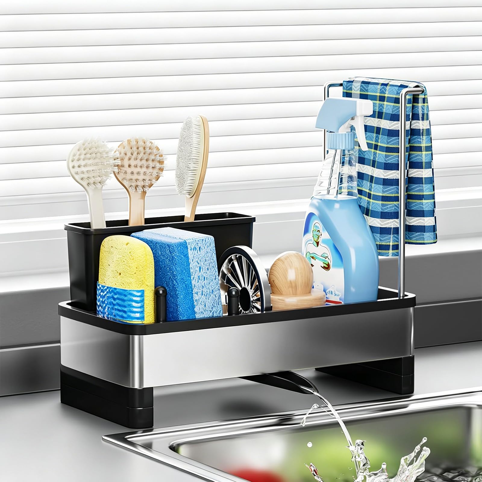 Houbobo Sink Caddy, Kitchen Sink Tidy Organizer with Auto Drain Tray and Dishcloth Holders, Stainless Steel Kitchen Countertop Sponge Holder for Kitchen Sink, Sink Organiser for Dish Brush, Soap