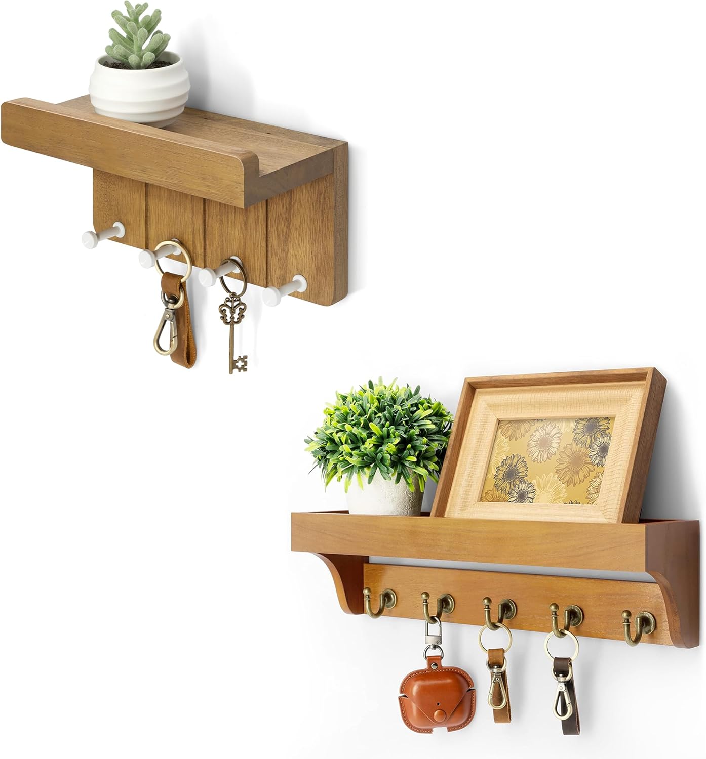 Rebee Vision Modern Farmhouse Key Holder Wall Mount Combo - Rustic Key and Mail Holder for Wall with Sturdy Hooks and Floating Shelves - Perfect Apartment Essentials for Home Decor (Light Brown)