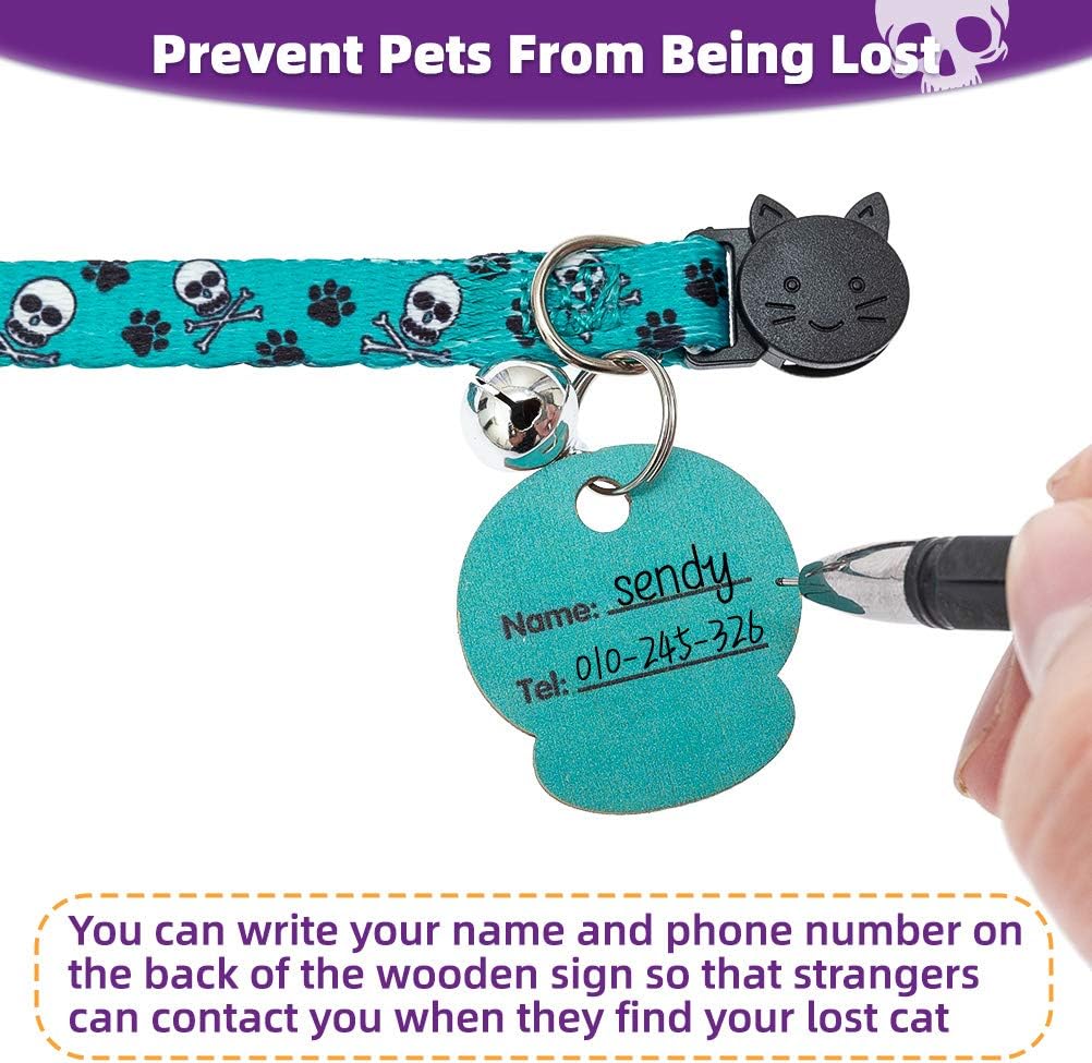 PUPTECK Breakaway Cat Collar with Bell - 2 Pack Personalized Skull Pattern Collars with Wooden ID Tag for Kitten Kitty, Green and Black