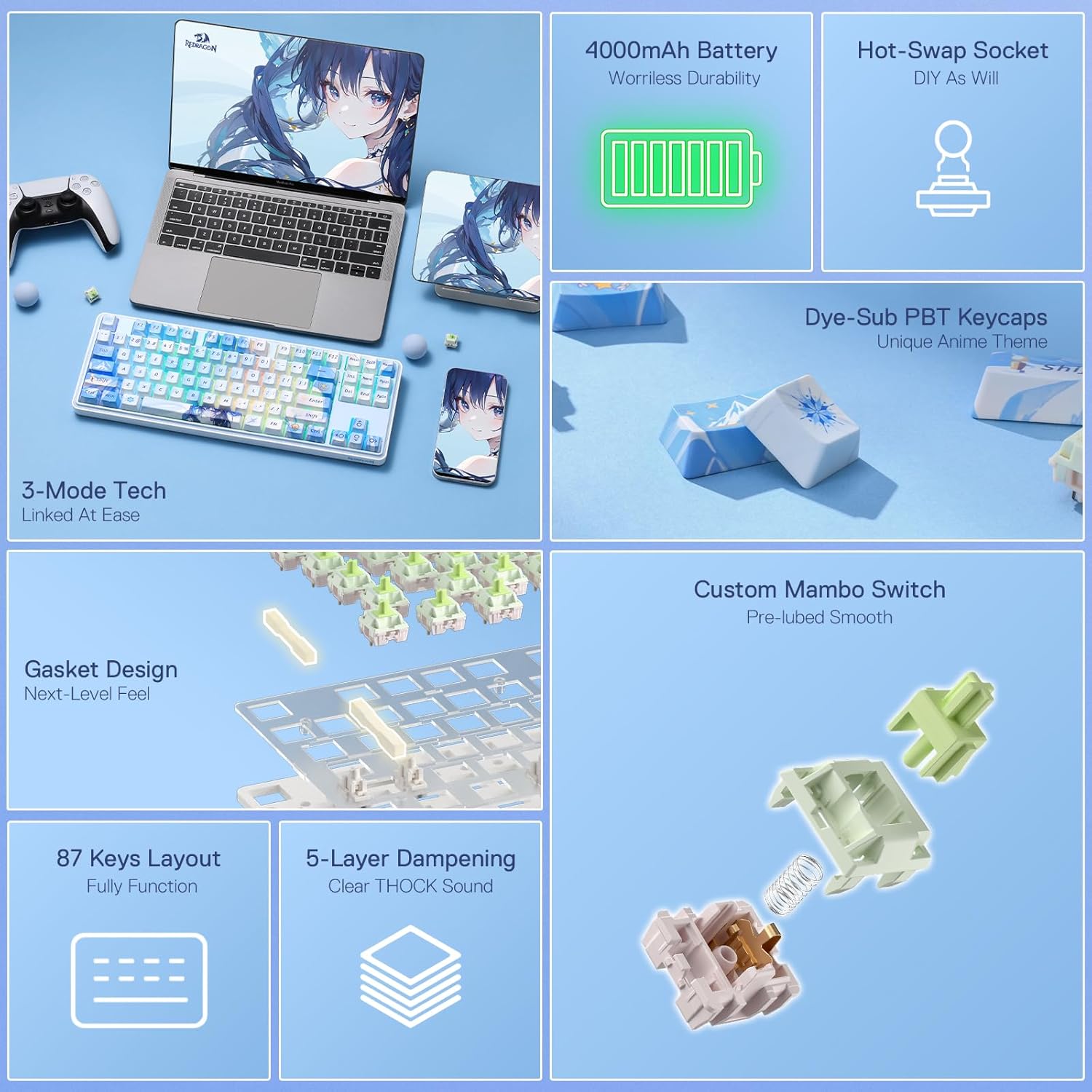 Redragon K707 PRO SE 80% Wireless Gasket RGB Gaming Keyboard, 3-Modes 87 Keys TKL Anime Mechanical Keyboard w/Hot-Swap Socket, Dye-Sub PBT Keycaps & 5-Layer Noise Dampening, Custom Linear Switch - Image 2