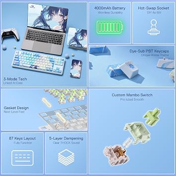 Redragon K707 PRO SE 80% Wireless Gasket RGB Gaming Keyboard, 3-Modes 87 Keys TKL Anime Mechanical Keyboard w/Hot-Swap Socket, PBT Round Keycaps & 5-Layer Noise Dampening, Custom Linear Switch