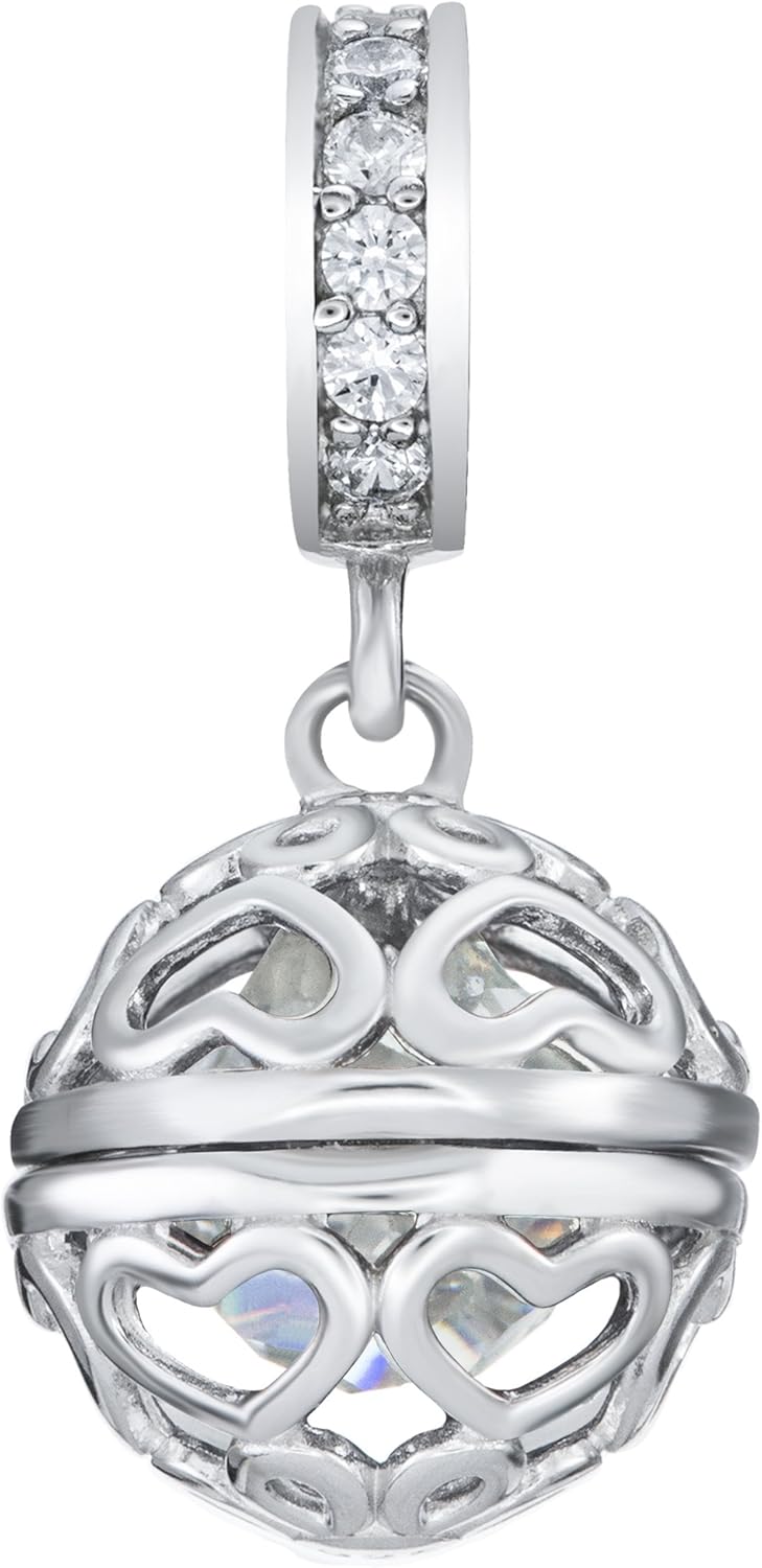 Qina C. Rhodium On Sterling Silver Imitation Birthstone CZ Love Dangle Bead f/European Style Charm Bracelet