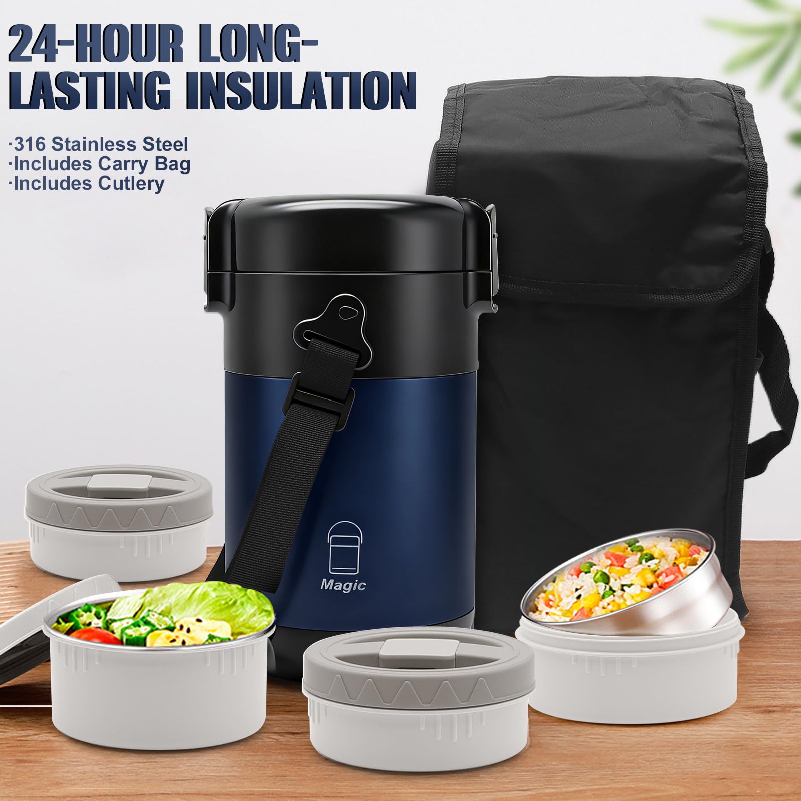 Thermos per Alimenti Caldi 2.6L, con 4 Compartimenti Separati, Contenitore Termico per Alimenti Caldi, Porta Pranzo Termico per Lavoro, Studenti e Lavoratori, Con Posate e Borsa Termica(Blu)