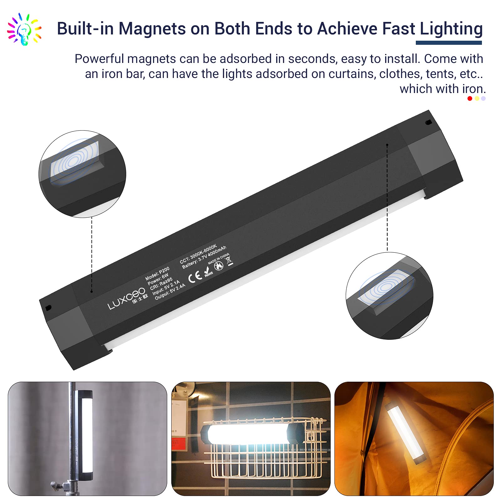 LUXCEO P200 RGB luce video bacchetta con controllo APP IP67 LED fotografia luce, CRI≥95 built-in forte magnetico, batteria 4000mAh power bank, 3000k 6000k dimmerabile continuo bastone colorato