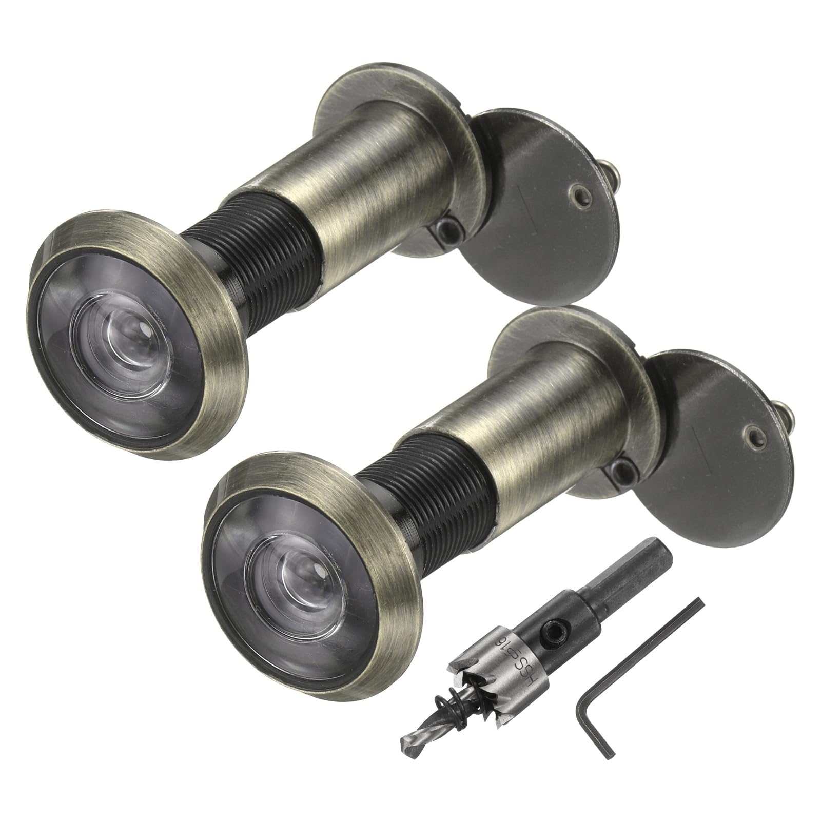sourcing map Door Peephole, 2 Pcs Door Viewer Peephole with 1 16mm/0.63'' Drill Bit Kit Fit 1.4'' to 2.4'' Front Door 200 Degree Wide Angle Peepholes Reverse Privacy Covers, Bronze Brushed
