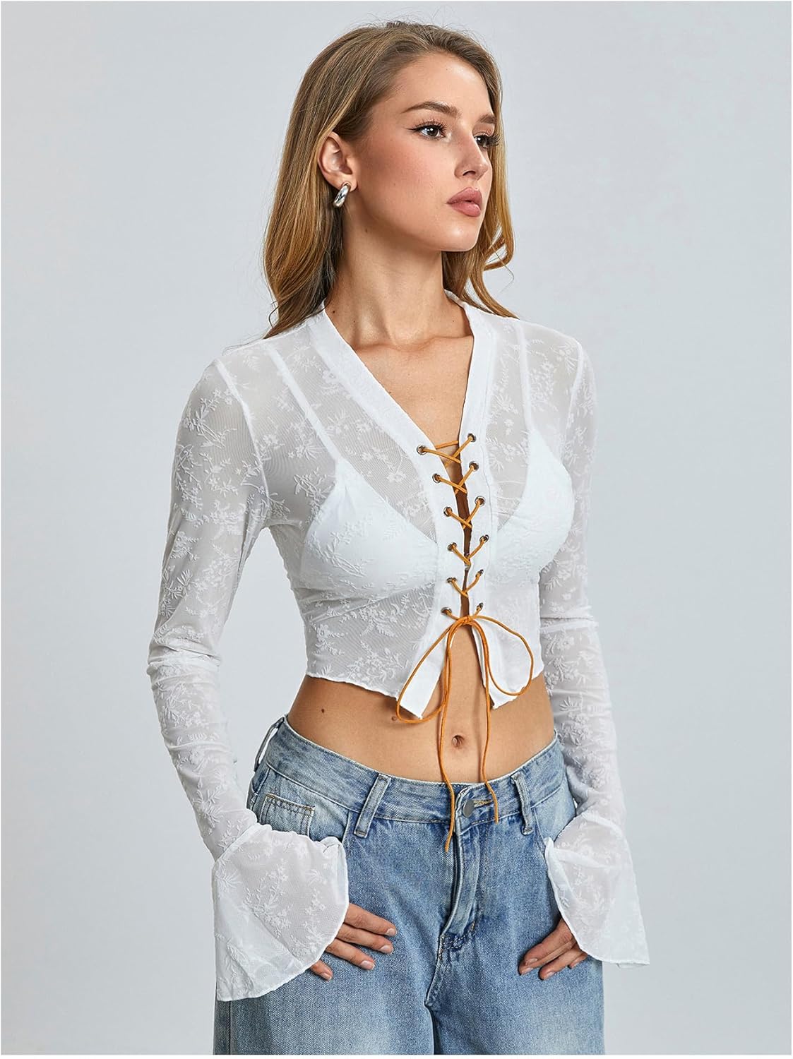 Floerns Women's Floral Lace Up Sheer Crop Top Front Tie Bell Sleeve Western Tee Tops - Image 3