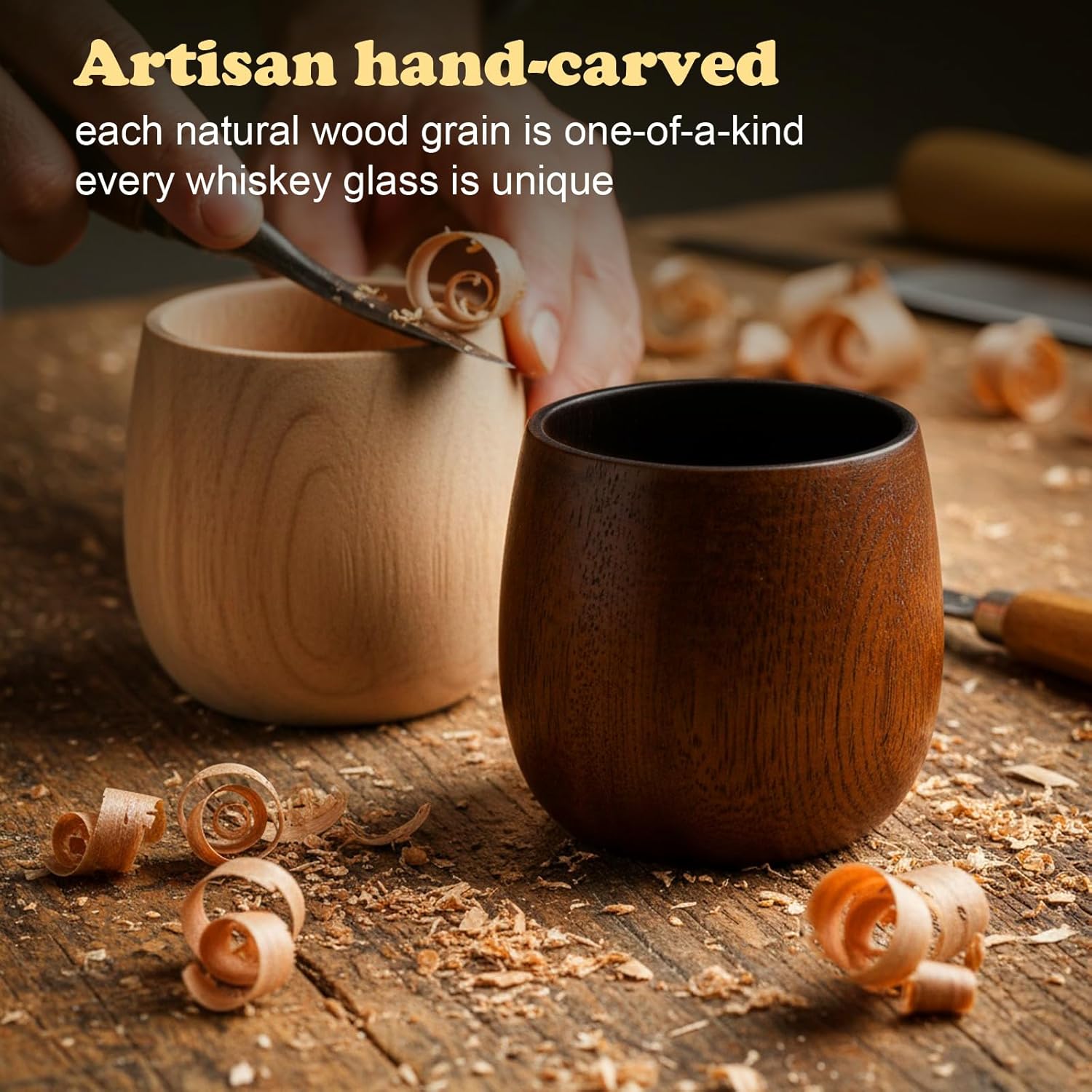 Charred Wooden Bourbon Whiskey Glasses 2-Pack | Handcrafted Old Fashioned Tumbler | Premium Gift for Men & Whiskey Lovers