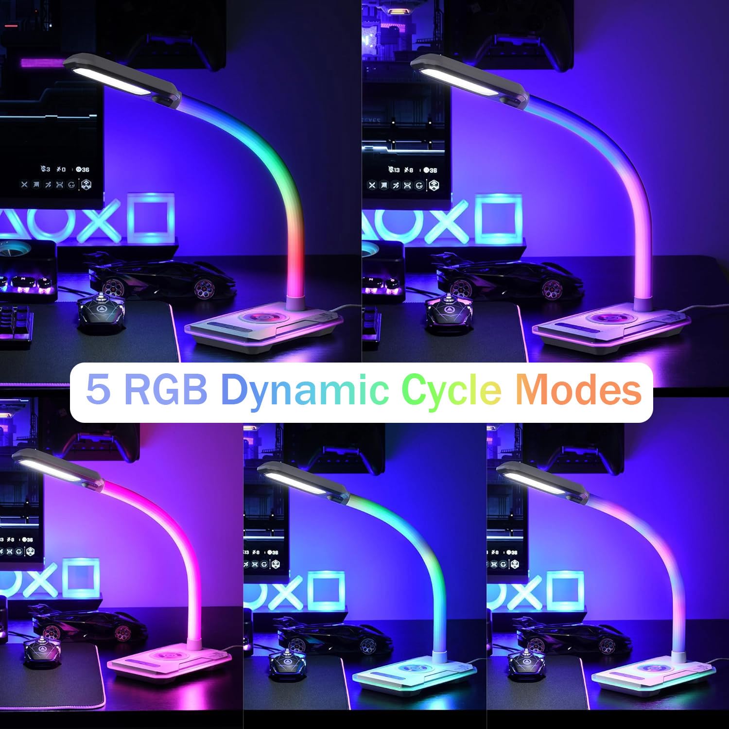 Schreibtischlampe LED Dimmbare RGB Tischleuchte mit 15W Wireless Charger und USB Ladefunktion, Musik Sync, Touch Steuerung, 8 Farbmodi , Einstellbar Schwanenhals Leselicht für Lesen Home Office, Weiß