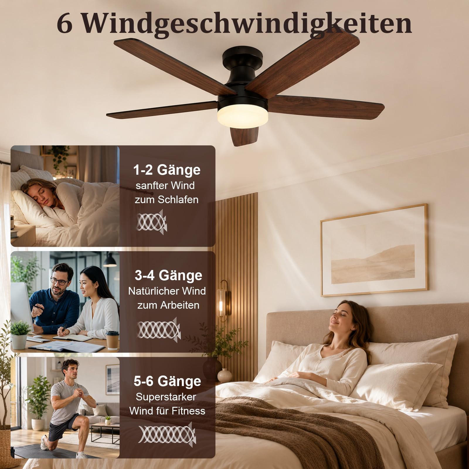 Smarter Deckenventilator mit Beleuchtung 106 cm, App & Fernbedienung, 3 Farbtemperaturen, 6 Stufen, Reversible Flügel, 30dB Leiser DC Motor DeckenleuchteDimmbare LED, für Schlafzimmer & Wohnzimmer