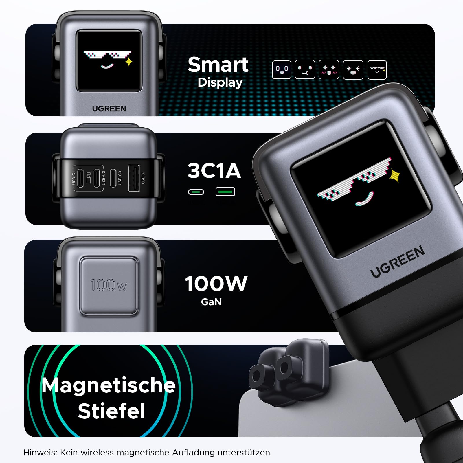 UGREEN UNO 100W USB C Ladegerät 4-Port, LED Display Robot Charger | Laptop Schnellladegerät, Echtzeit-Ladestatus mit UI-Emoji, kompatibel mit MacBook Pro/Air, iPad, iPhone,Galaxy S26,Steam Deck