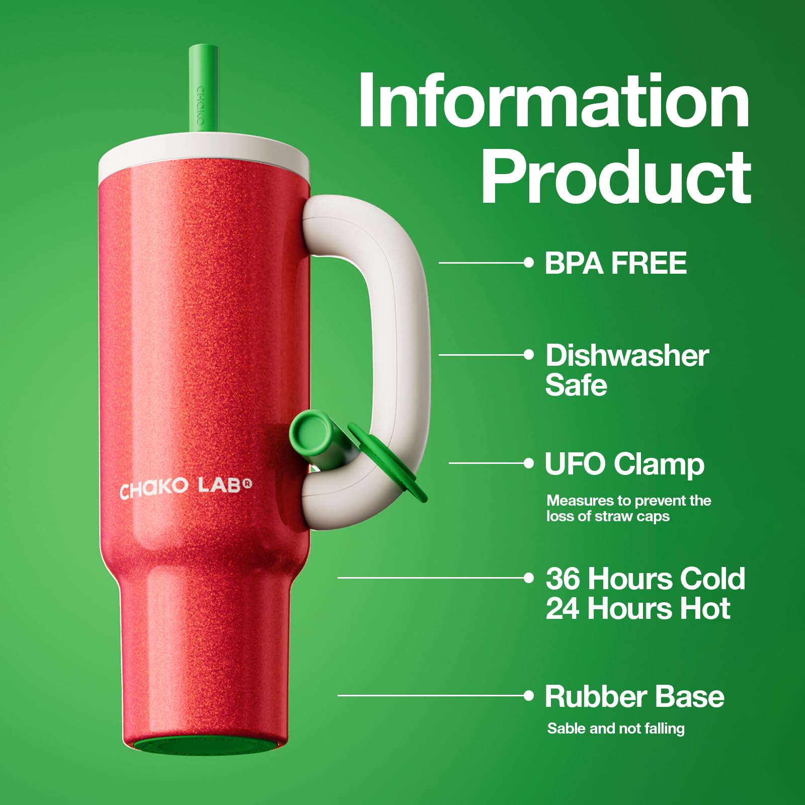 CHAKO LAB BaWang Insulated Stainless Steel Tumbler | Tumbler with Handle and Straw 35oz | Cup Holder Friendly for Travel | Leakproof Water Bottle | BPA-Free | 316 stainless steel liner|: Red & White