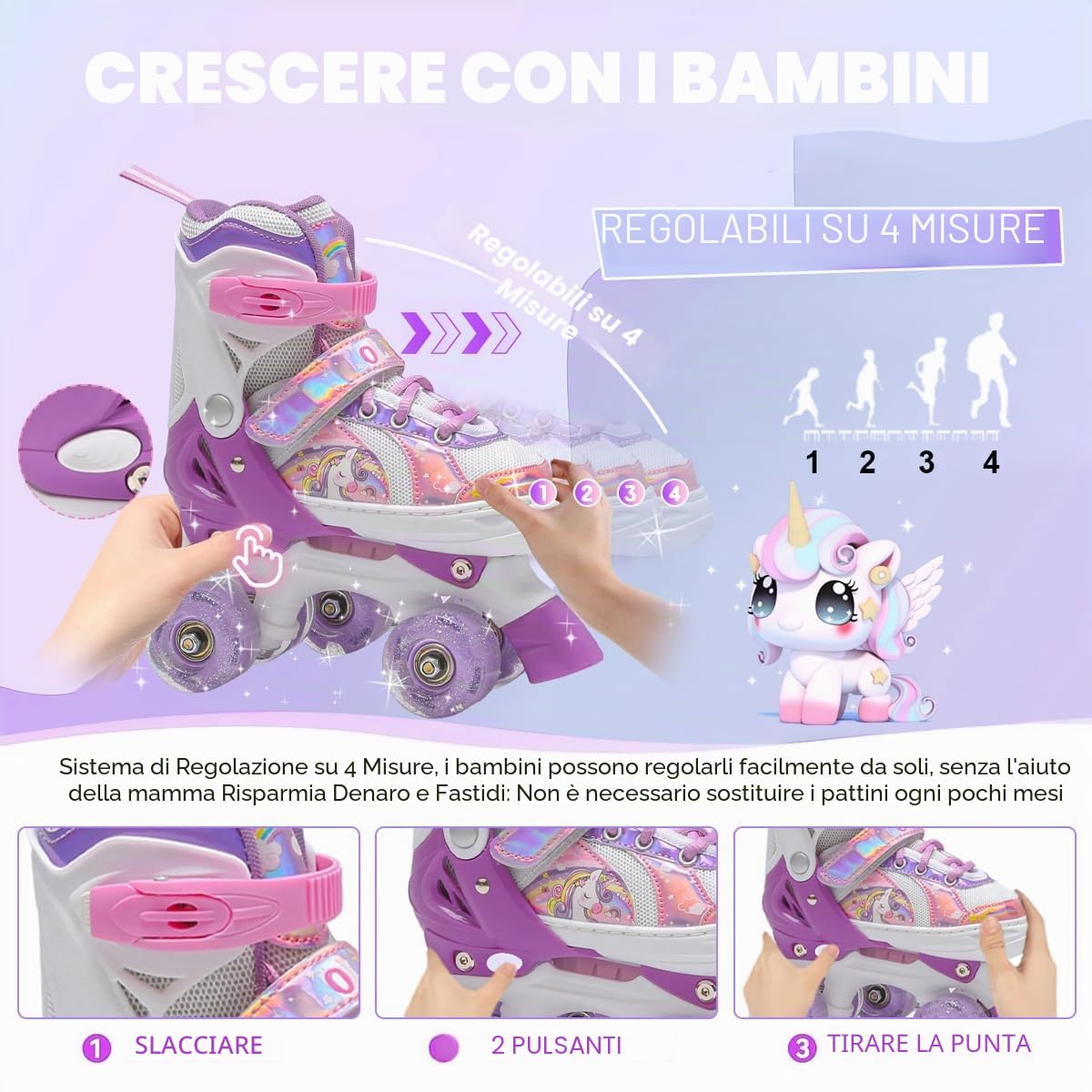 Pattini a Rotelle Bambina,Pattini a 4 Ruote Regolabili in 4 Misure con 8 Ruote Lampeggianti per Ragazzi,Ragazze e Principianti