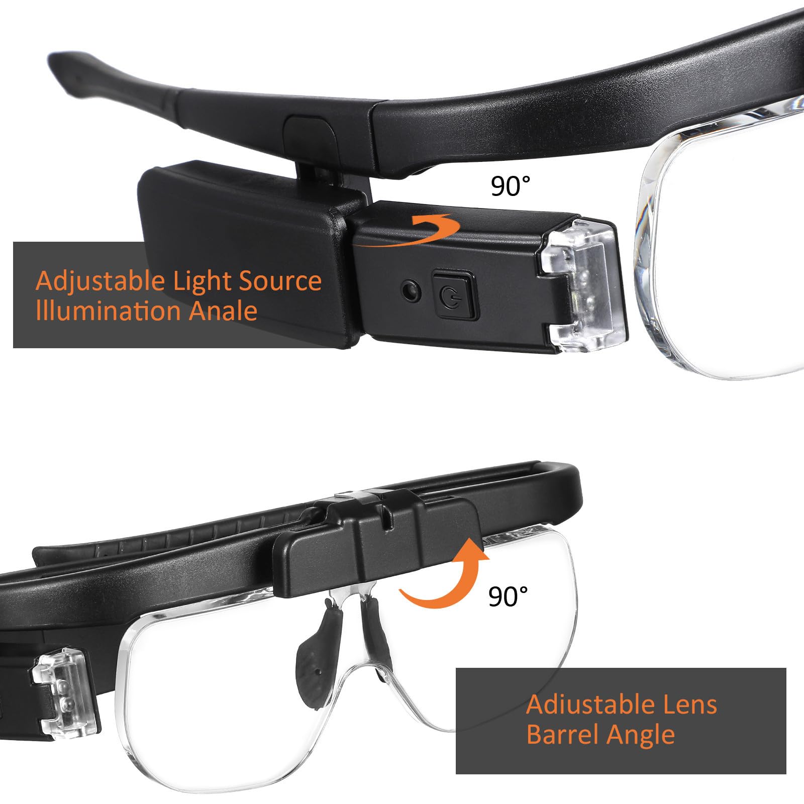 Gafas de Aumento con Luz LED Recargables USB Negras Abs Acrílico | Gafas con Luz LED y Aumento, Diseño de Gafas Lupa Manos Libres, Cable USB Incluido