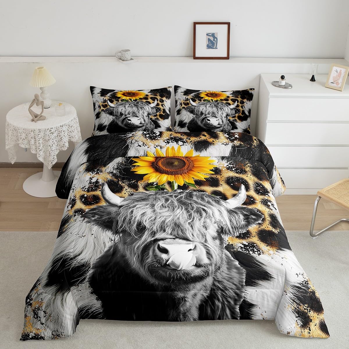 Feelyou Kids Toddler Size Cowhide Highland Cow Bedding Set Sunflower Comforter Set Cow Fur Comforter for Kids Boys Girls Farmhouse Duvet Insert Adult Bedroom Decor with 1 Pillow Case
