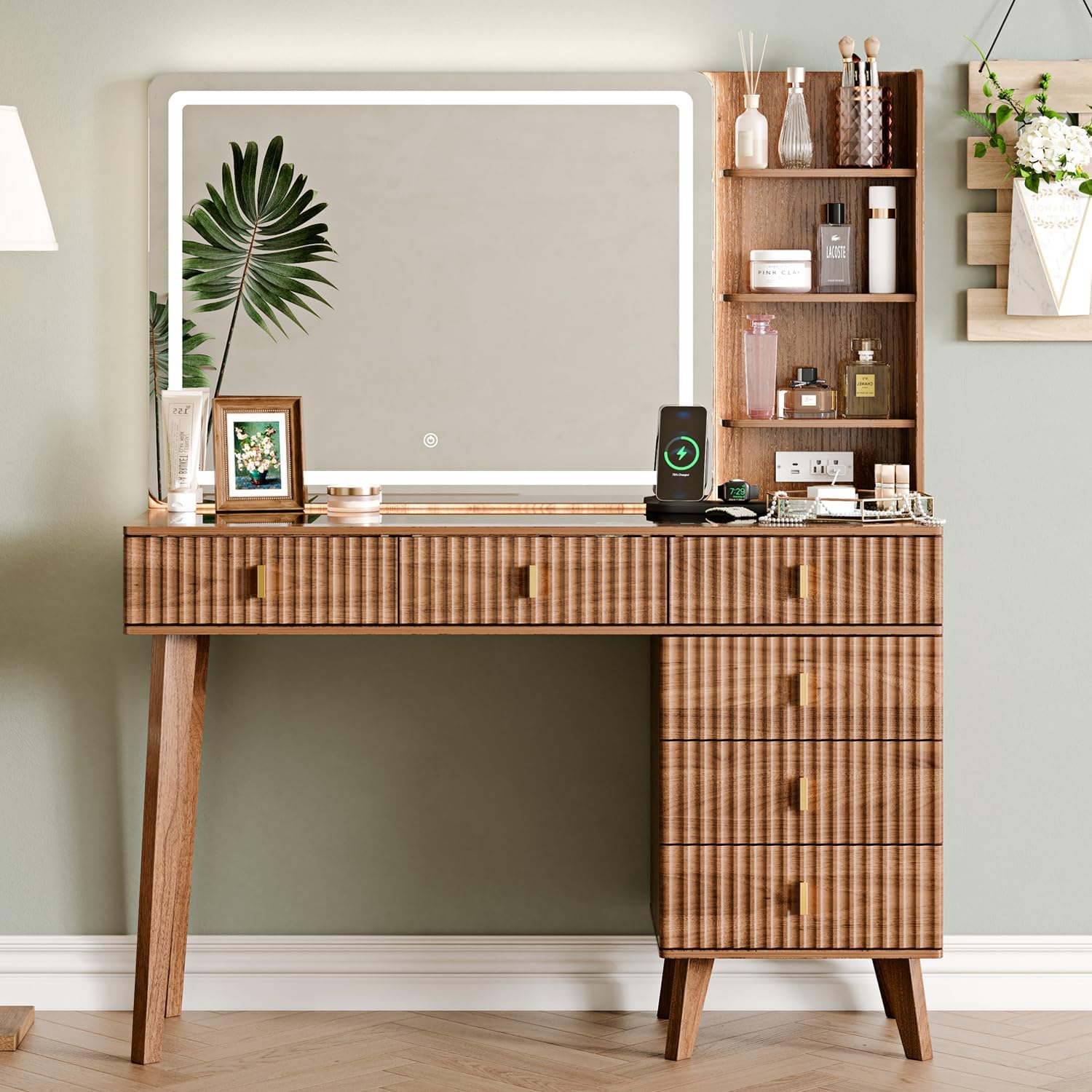 large makeup vanity desk with mirror and lights, vanity desk with 6 drawers & storage shelves, vanity table with power outlet, 3 color modes & adjustable brightness dressing table, bedroom,walnut