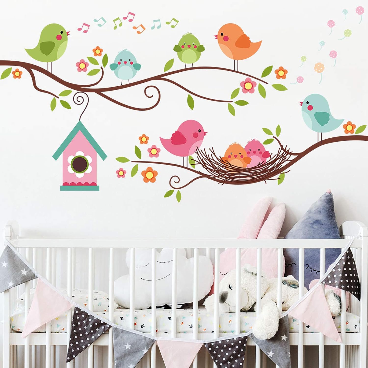 Robin Bird and Tree Branch Wall Stickers, Colorful Cute Cartoon Lovely Birds Singing On The Branch with Flowers Wall Decal, DILIBRA Removable DIY Mural Decorations for Living Room Bedroom Baby Room image 2