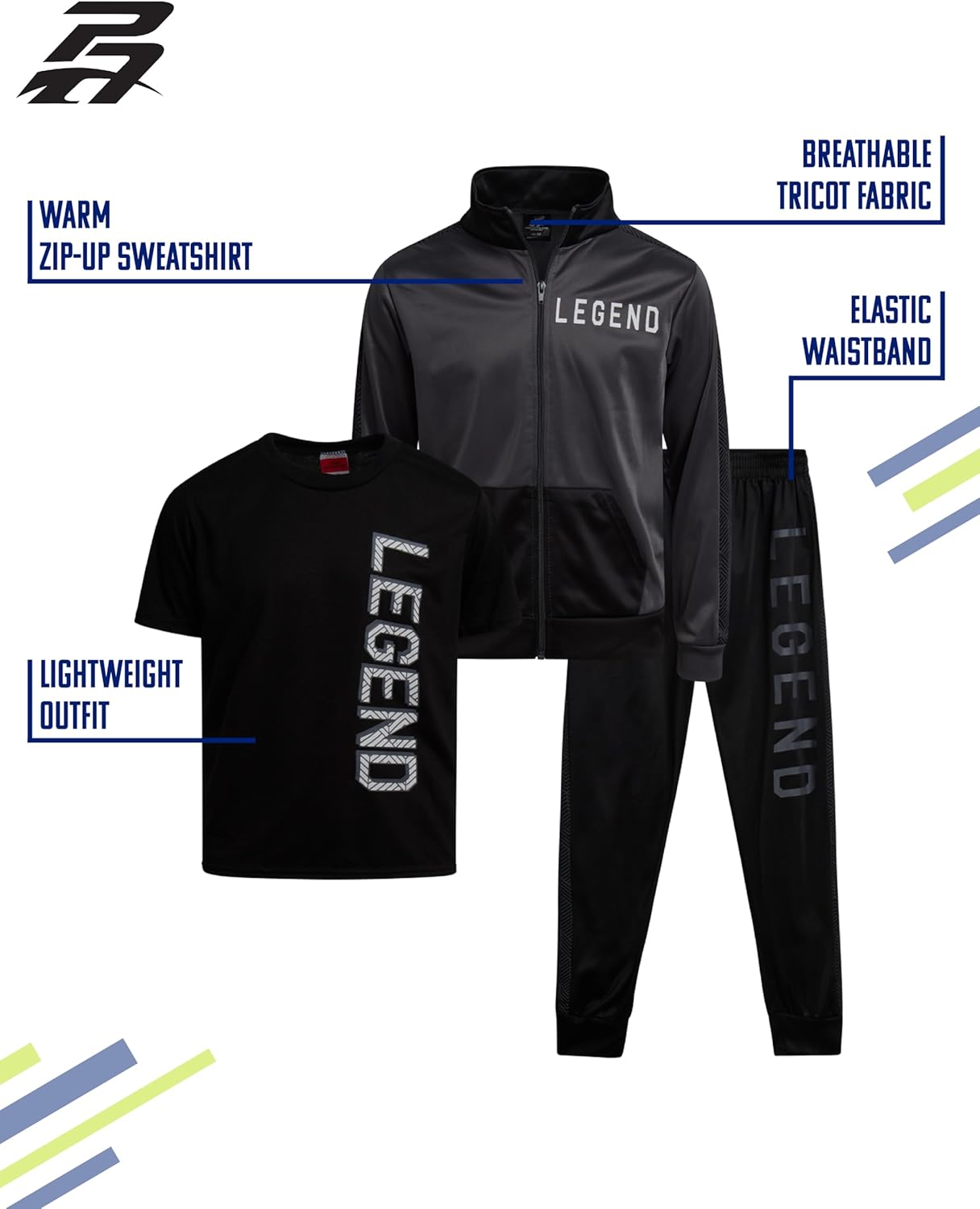 Pro Athlete Boys Tracksuit Set - 3 Piece Breathable Tricot Zip Up Sweatshirt Athletic Graphic Tees & Jogger Sweatpants - Image 2