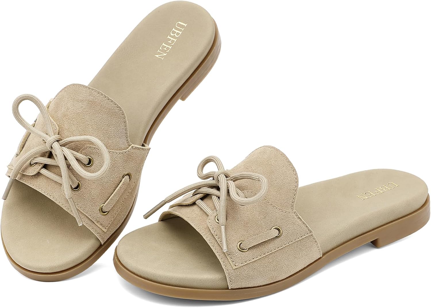 UBFEN Womens Slide Sandals with Arch Support Casual Flat with Shoelace Detail Durable Suede for Everyday Comfort