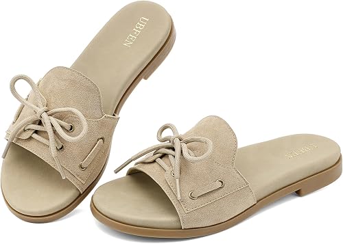 UBFEN Womens Slide Sandals with Arch Support Casual Flat with Shoelace Detail Du