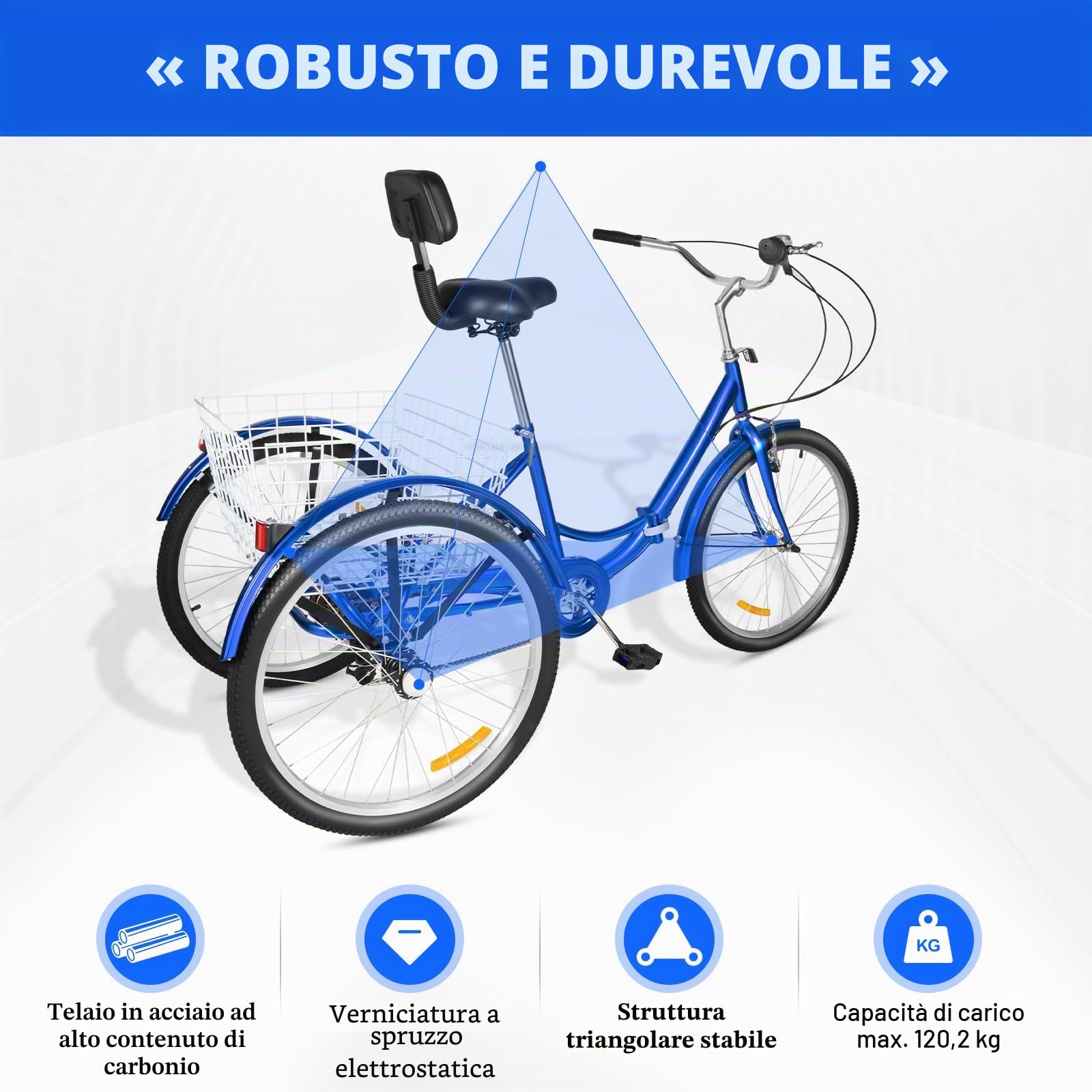 24 pollici, 7 marce, triciclo pieghevole, per adulti, 3 ruote, pieghevole, con cestino e schienale, regolabile in altezza per adulti, anziani e principianti, blu