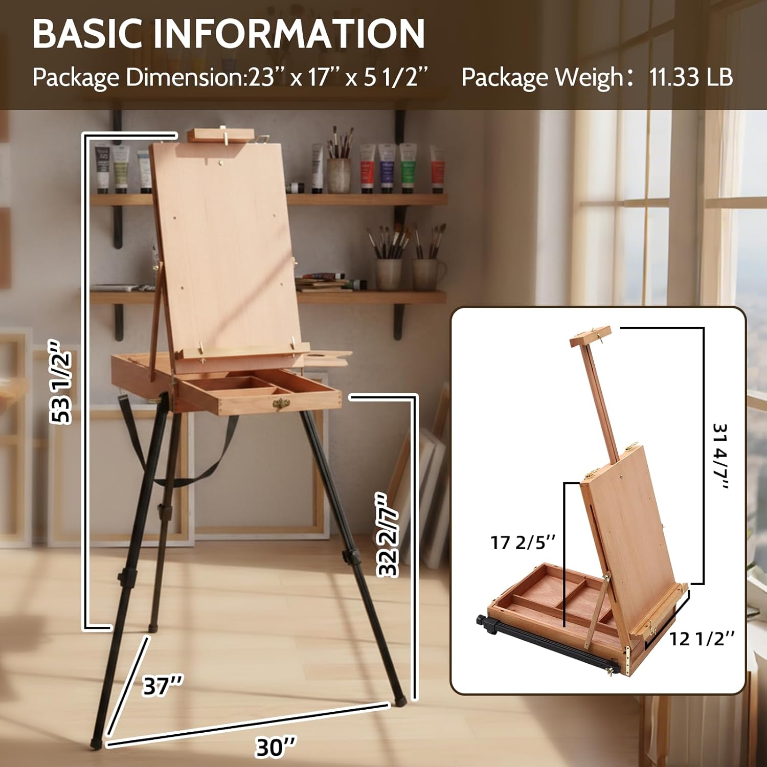 Falling in Art Light Weight French Style Field and Sketchebox Easel with Aluminum Tripod, Adjustable Beechwood Tripod Standing Easel with Drawer, Palette - Image 2