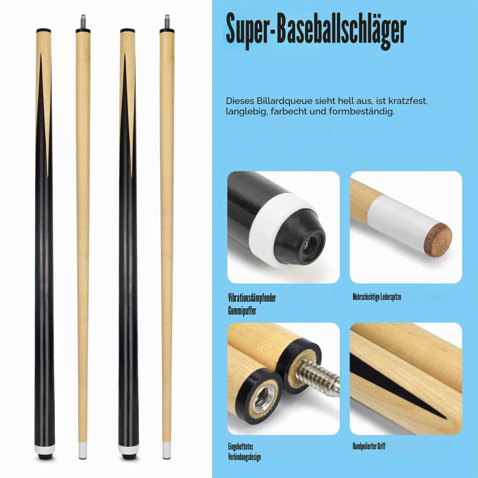 VANLAN Wooden Billiard House Cue Sticks Shorty Cues Pool Cues for Kids Hardwood Billiard Cue Sticks 13mm Glue-on Tips,Set of 2
