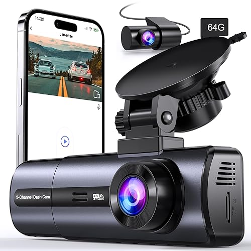 3 Channel 4K Dash Cam with 5GHz WiFi & APP Control, 4K/2.5K+1080P+1080P Front Inside and Rear, Triple Dash Camera with 64GB Card, G-Sensor, 24 Hours Parking Mode, Loop Recording, Night Vision - J10
