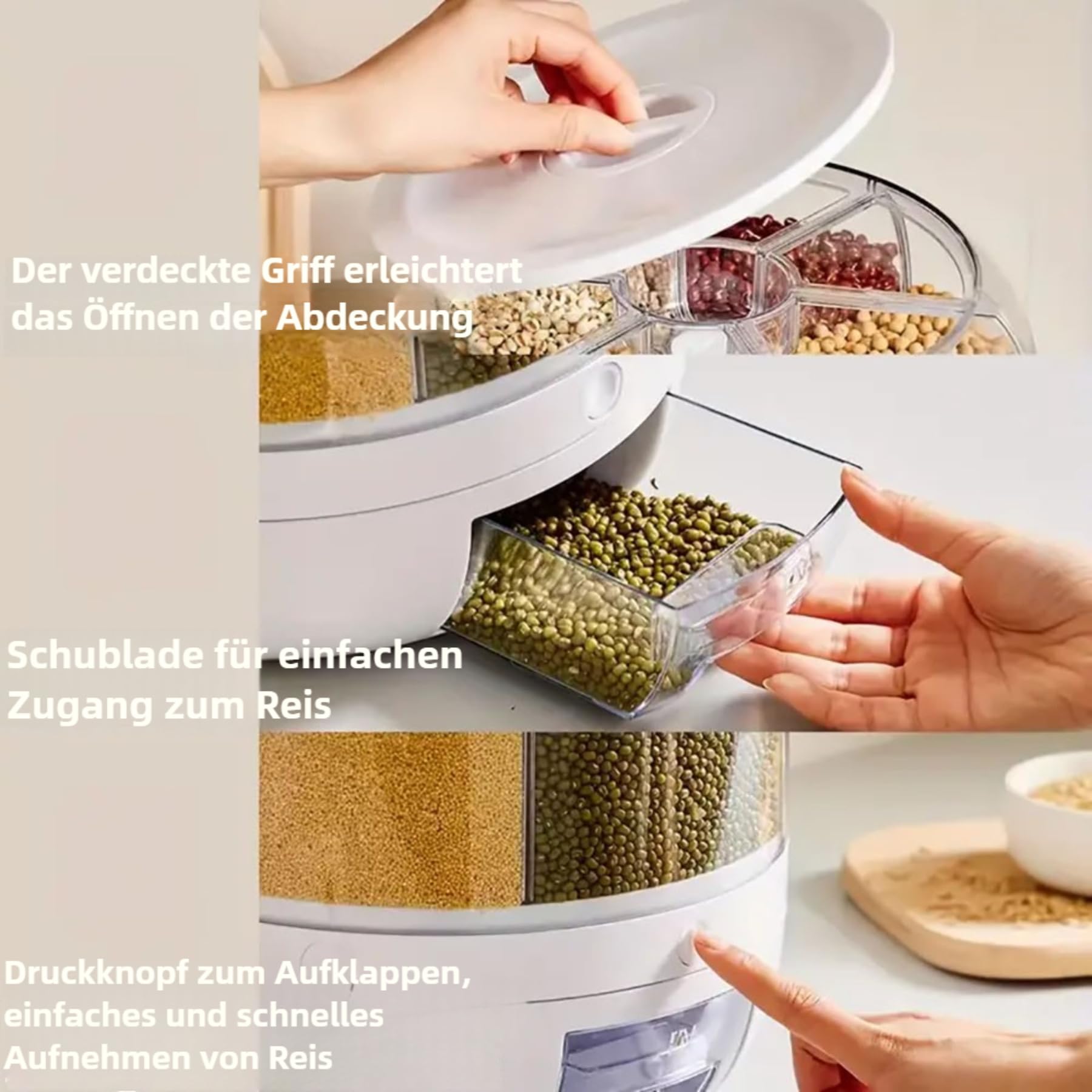 Drehbarer Speicherbehälter für Getreide, 6-Grill-Reis- und Getreidespeicherbehälter, 360°-drehender Speiser für die Speicherung von Reis, Bohnen, Getreide mit Kistenabdeckung, Feuchtigkeitsbeständigke