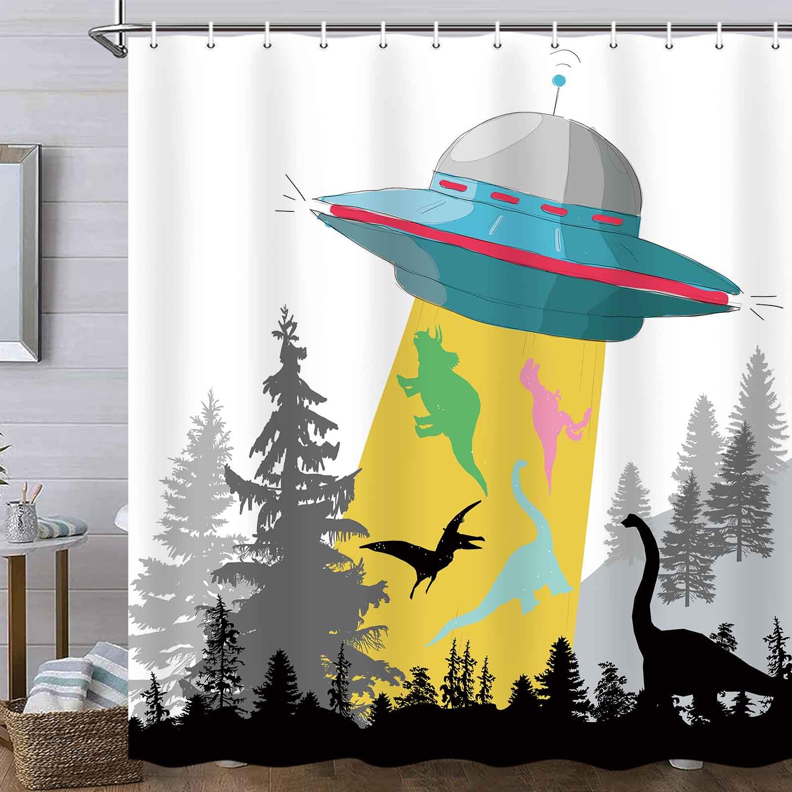 Lustiger Dino-Duschvorhang Mit Wald-Motiv – Schwarze Dino-Silhouetten Auf Nebligem Hintergrund, Polyester, Für Kinder & Herren