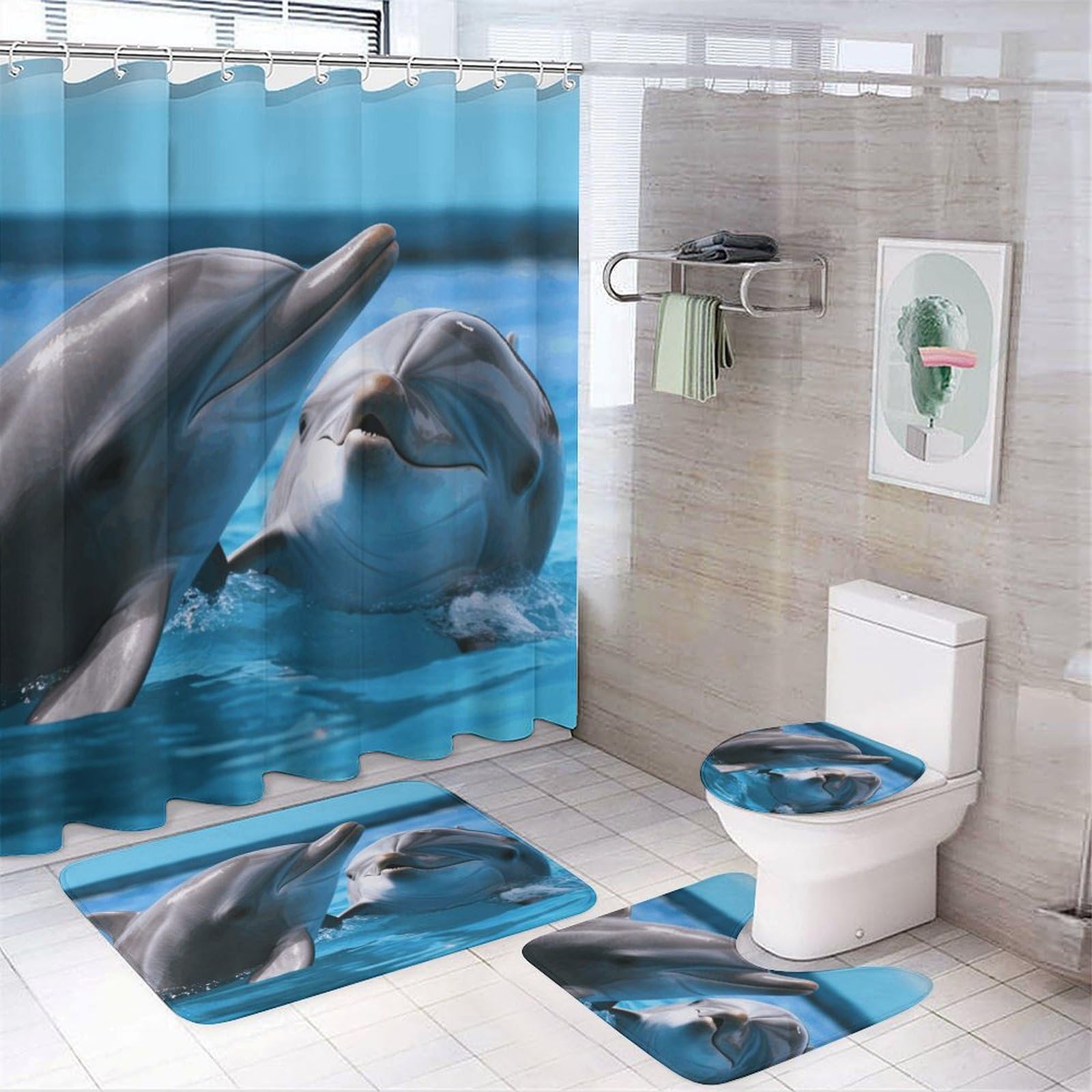 Tapis et rideau de douche dauphins : ensemble de salle de bain anti-éclaboussures