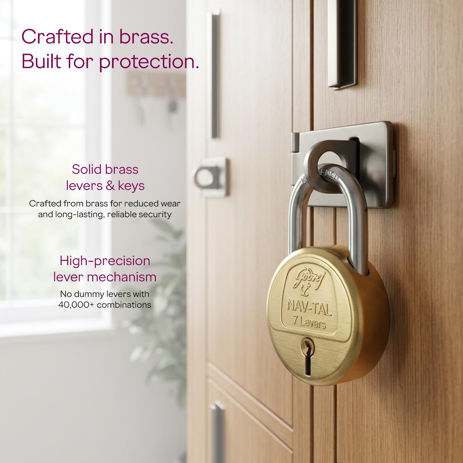 Godrej Locks Polished Finish Navtal 7 Levers 2 Key with Shut Height (Brass, 30 mm) — Amazon image 3