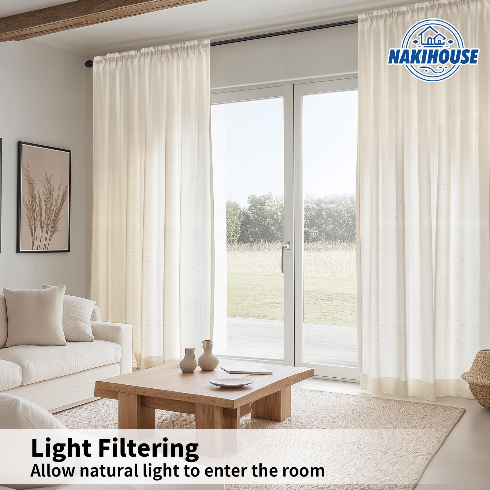 NAKIHOUSE Linen Voile Curtain, 2 Panels Natural Linen Net Curtains for Windows 84 Drop - Image 4