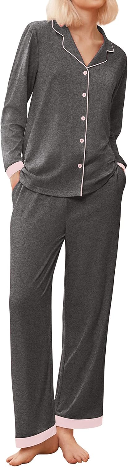 Ekouaer Pajamas for Women Set Long Sleeve Loungewear Soft Button Down Lounge Sets with Pockets Nightwear S-XXL