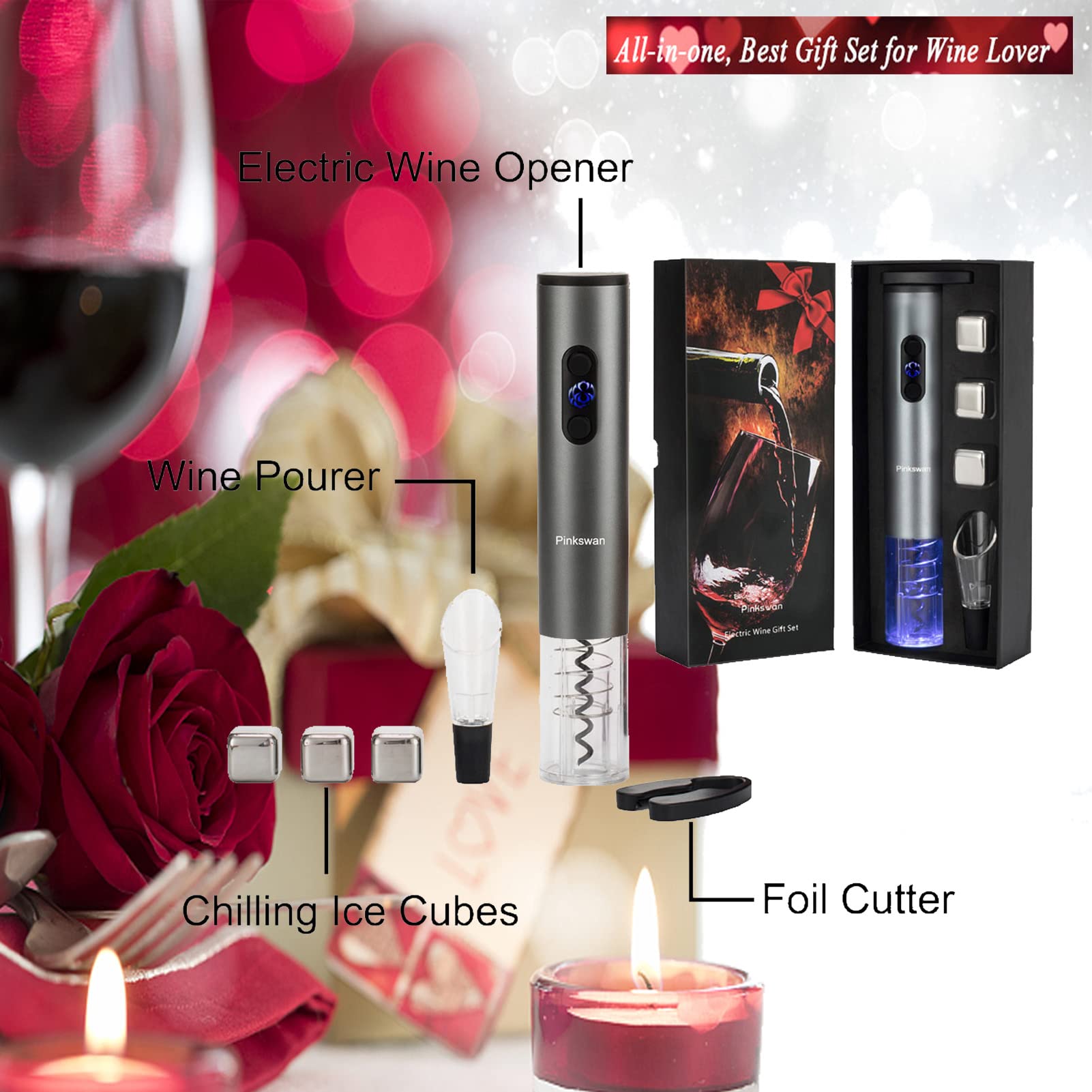 Juego de regalo eléctrico para abridor de vino, piedra de whisky, regalos para amantes del vino con accesorios de vino de sacacorchos automático, cubo de hielo de metal, vertedor de vino, cortador de 2