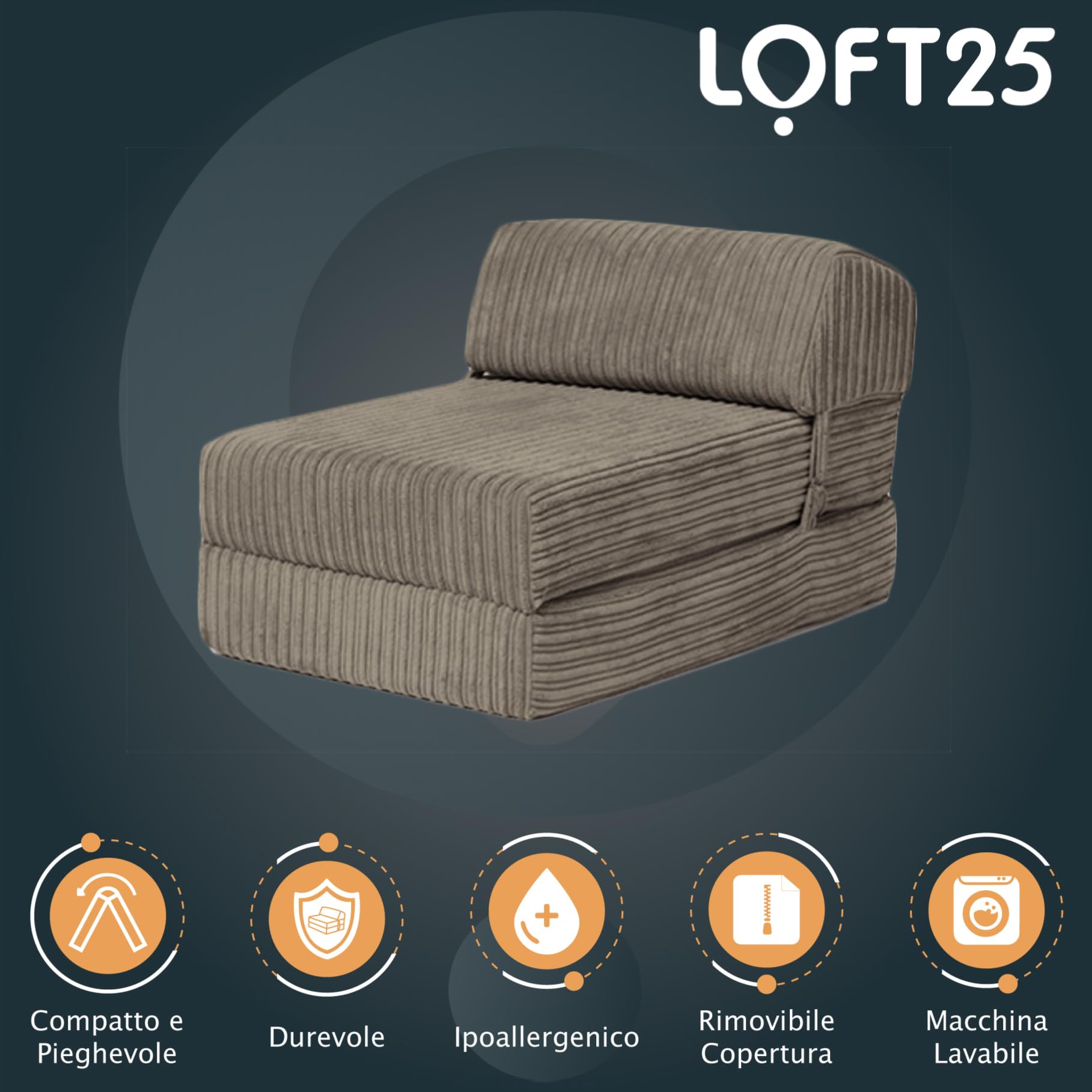 Loft 25 Jumbo Cord pieghevole singolo Futon Z-letto materasso divano | Sleepover Guest Living Room | Sedia morbida e confortevole | Leggero e durevole | Mobili in tessuto di qualità Cord (Acciaio)