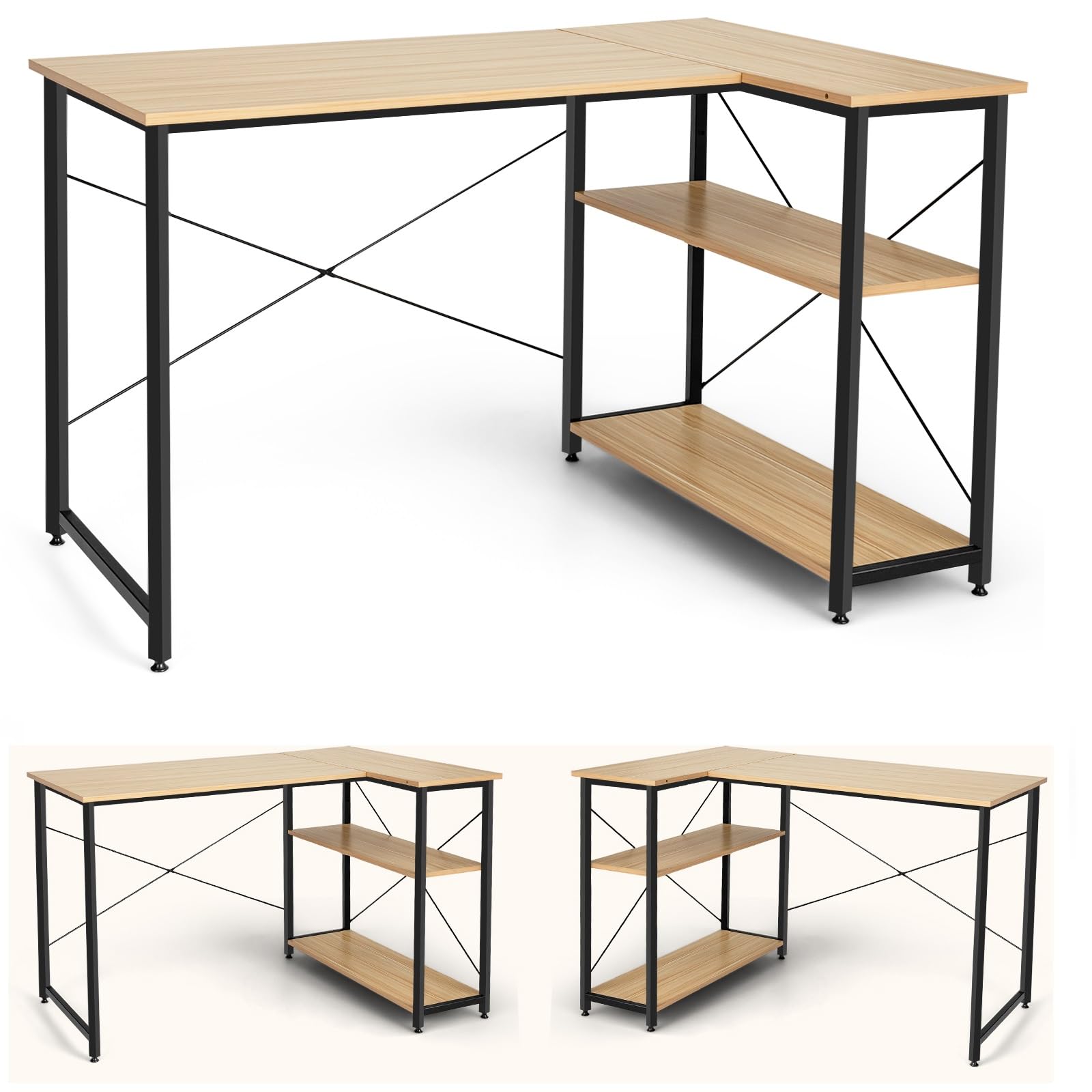 COSTWAY Escritorio Esquinero 120cm, Escritorio L con Estantes de Almacenamiento, Mesa Ordenador Reversible L, 120 x 88 x 74,5 cm (Natural)