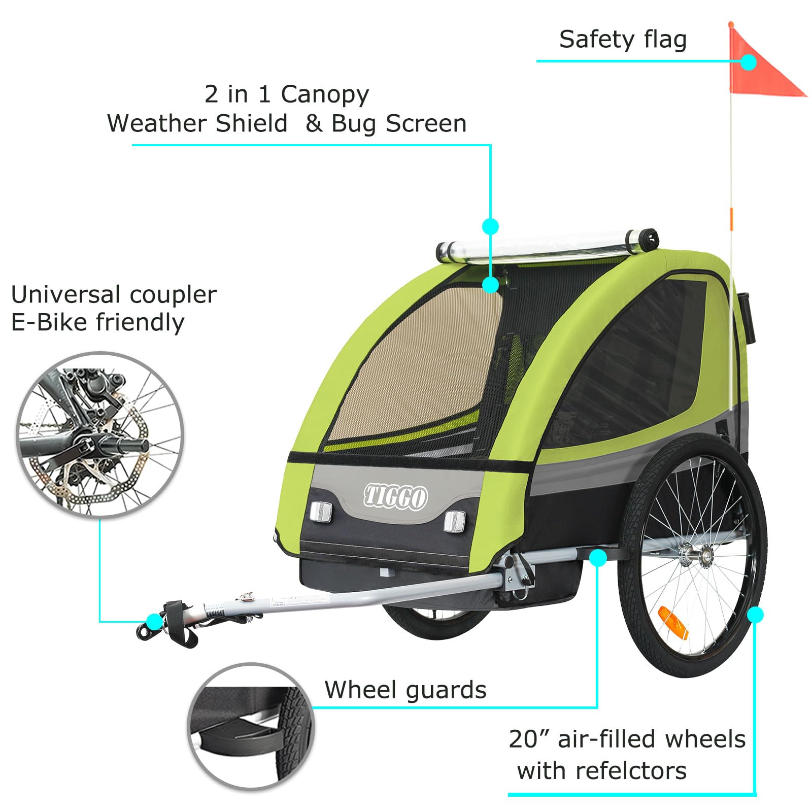 Tiggo T2 Remorque Enfants Vélo 2 en 1 Poussette Jogger Buggy 360° Roue Avant