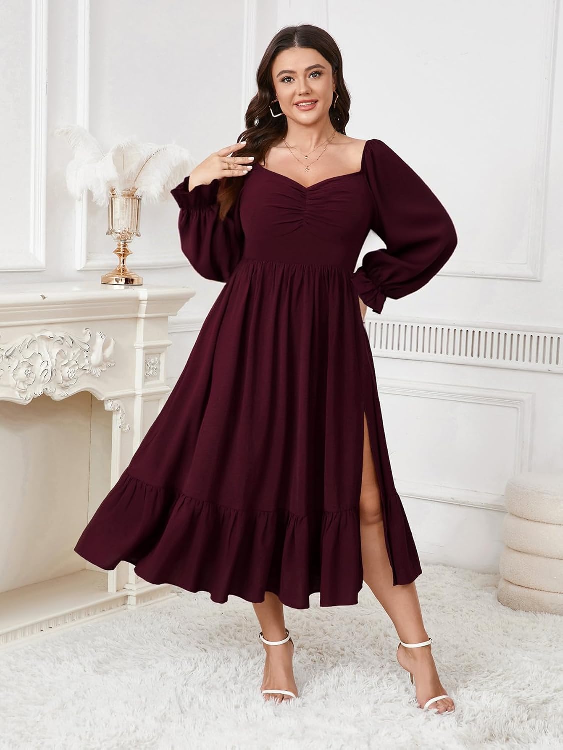 SCOMCHIC Womens Plus Size Wedding Guest Cocktail Dress Sweetheart Neckline Long Sleeve Smocked Ruffle Slit Maxi Dresses - Image 5