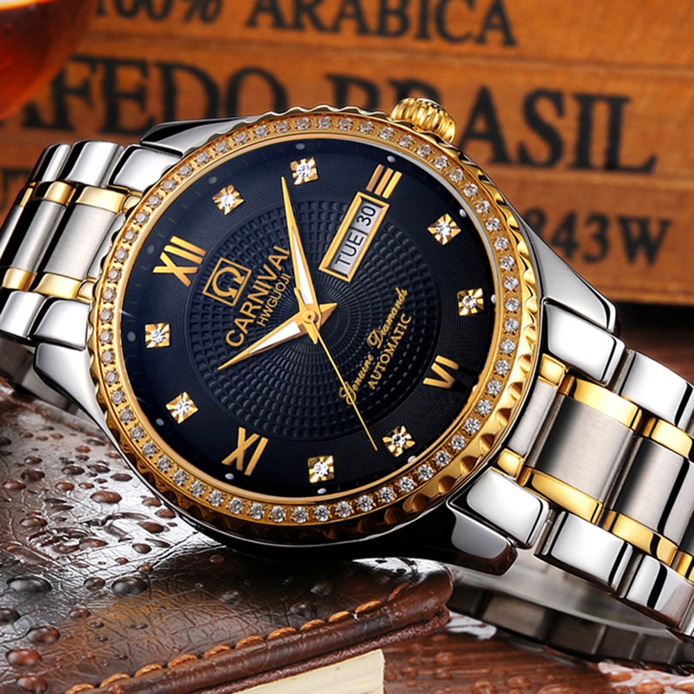 Carnaval para hombre Diamante Dial Automático Oro y Plata Sapphire resistente al agua hombres de acero inoxidable negro reloj