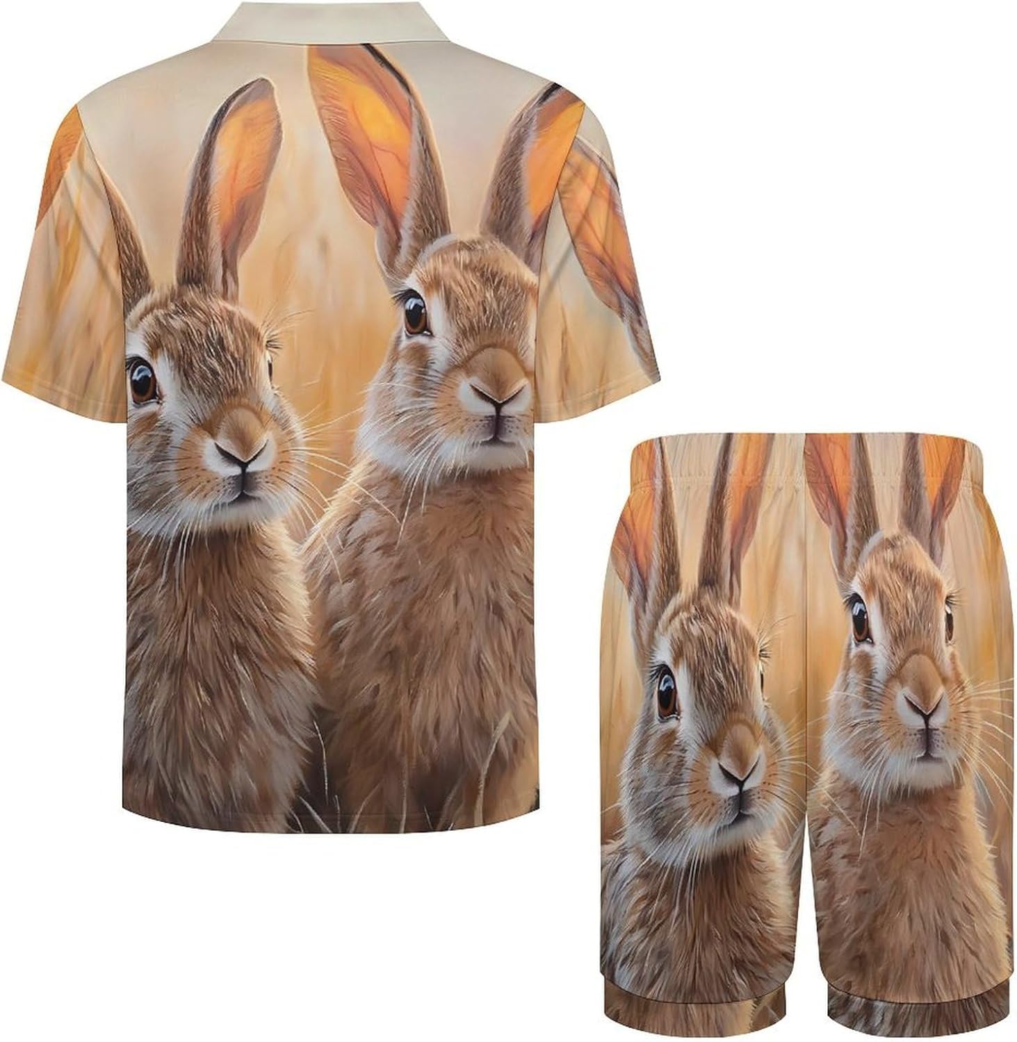 Prairies Hare Rabbits Men's Short Sleeve Pajama Set Satin Silk Like Lounge Sleepwear