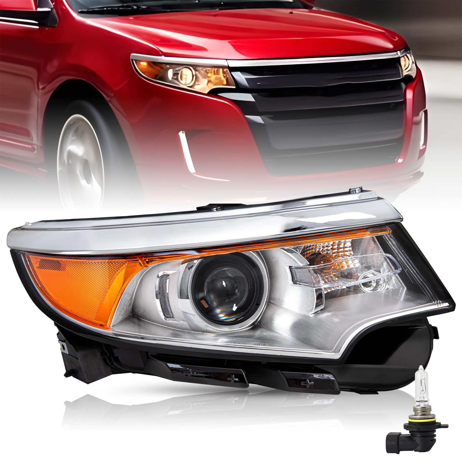 Headlight Assembly [Halogen Type Models] w/Bulbs Fit for 2011 2012 2013 2014 Ford Edge Passenger Side (Chrome Housing with Amber Reflector)