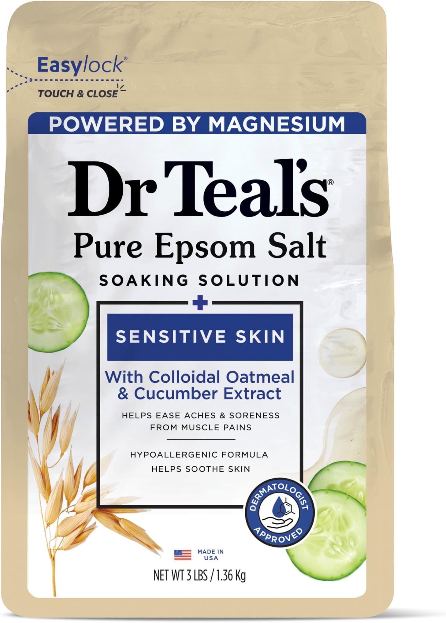 Dr Teal's Epsom Salt Magnesium Soak, Sensitive Skin with Colloidal Oatmeal & Cucumber Extract, 3 lbs