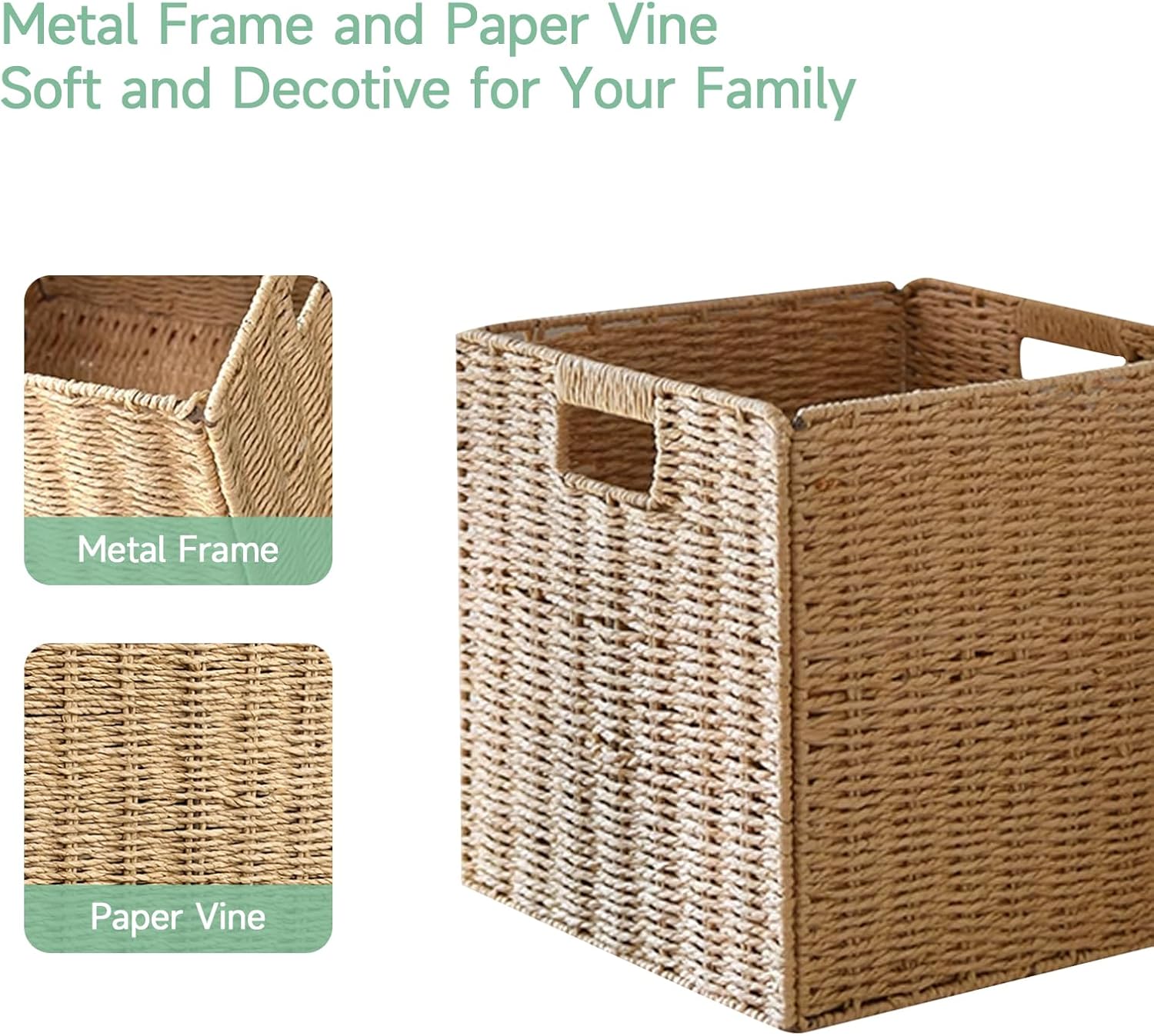 IRONMIX 11.81" Collapsible Storage Baskets, Paper Vine Storage Cube Bins with Handle for Cube Shelf Organizing Shelves, Woven Bins for Bathroom, Laundry, Pantry (Natural, 11.81"-2 Set)