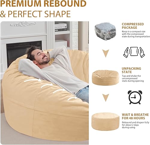 Miniatura 170 de Puf de 5 pies, puf grande con relleno de espuma viscoelástica, sofá puff esponjoso con funda de terciopelo holandés, puf redondo para sala de estar,