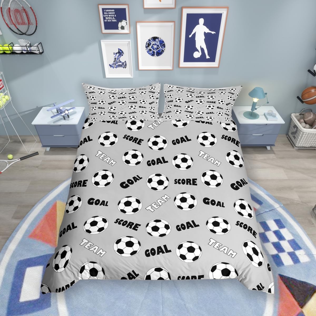 Football Kids Duvet Cover Super King Size,Soccer Field Ball Sport Games Comforter Cover for Kids Teens Adults Bedroom Decor,Geometric Honeycomb Hexagon Bedding Set 2 Pillowcases,No Comforter